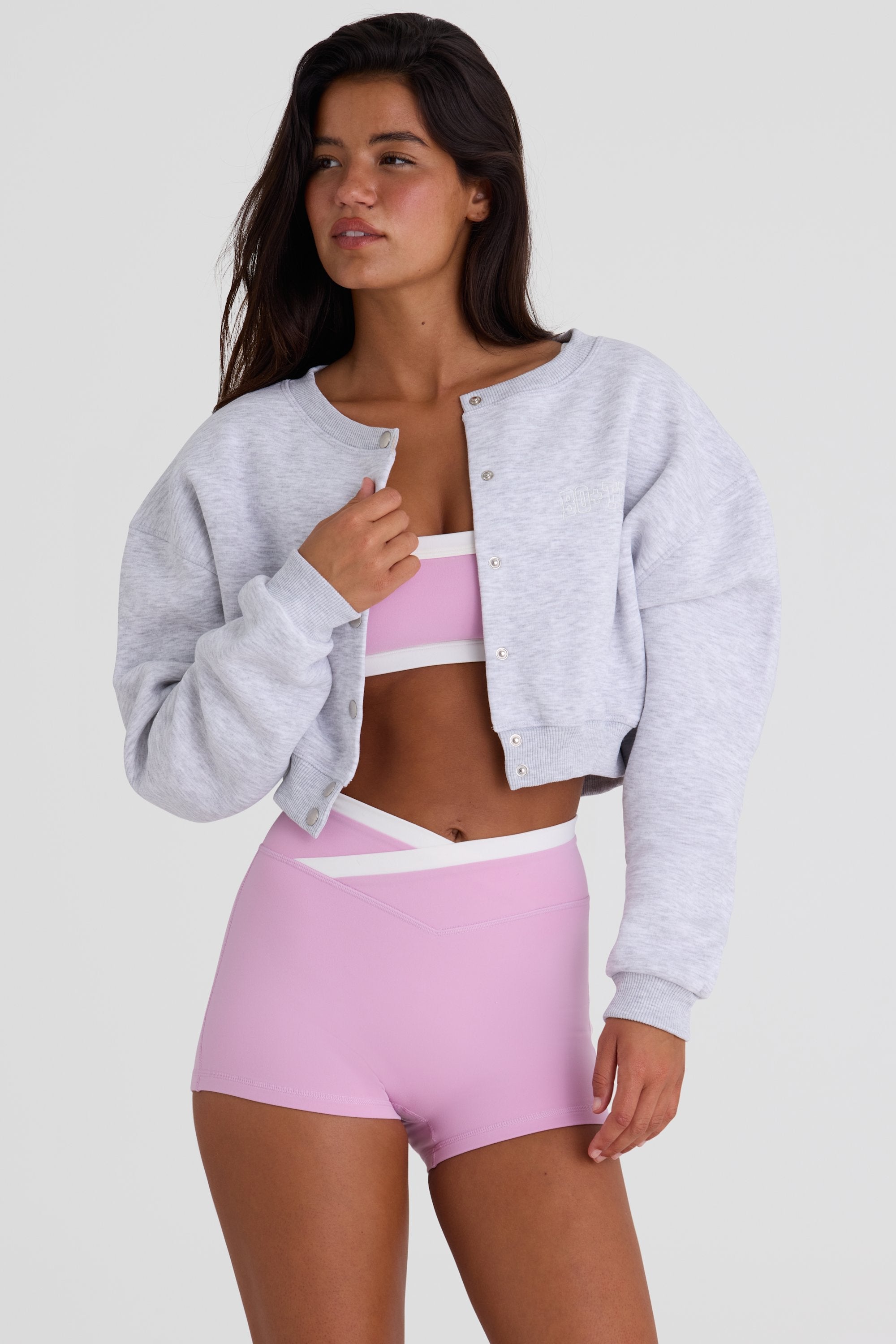 Brushed Jersey Button-Up Cropped Cardigan in Grey Marl - 1