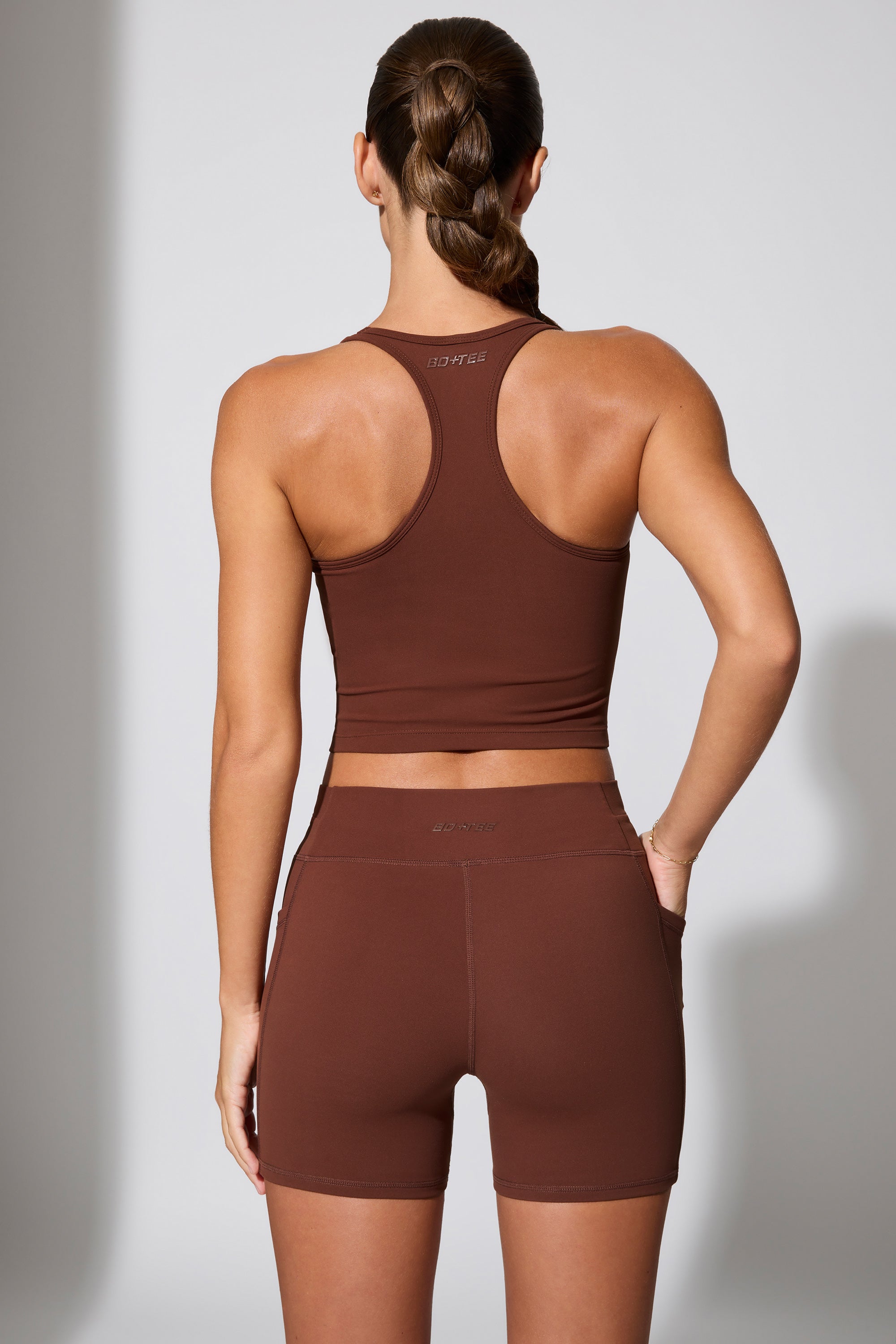 Twist Waist Mini Shorts with Pockets in Brown - 2