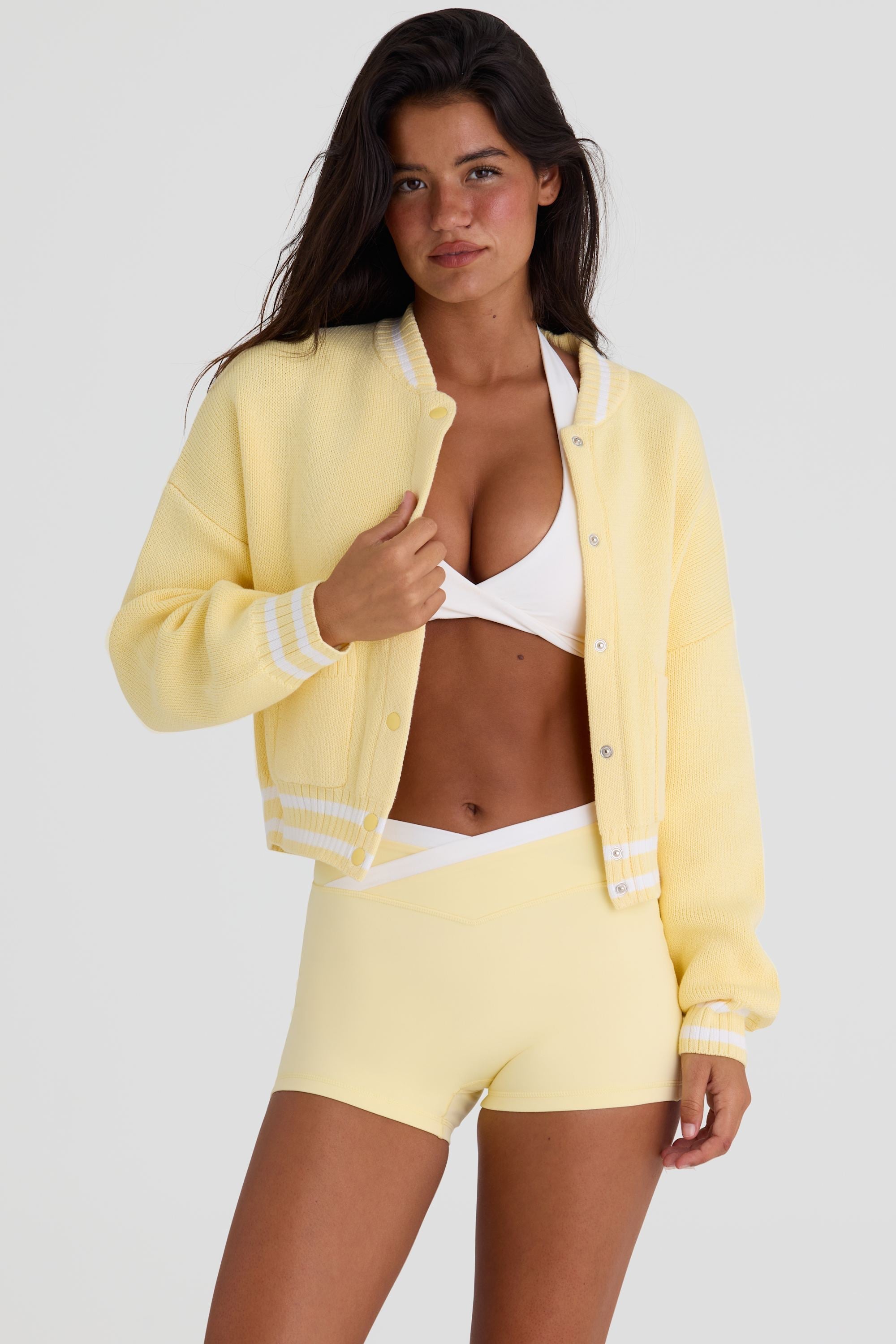 Button-Up Cropped Knit Cardigan in Soft Yellow - 1