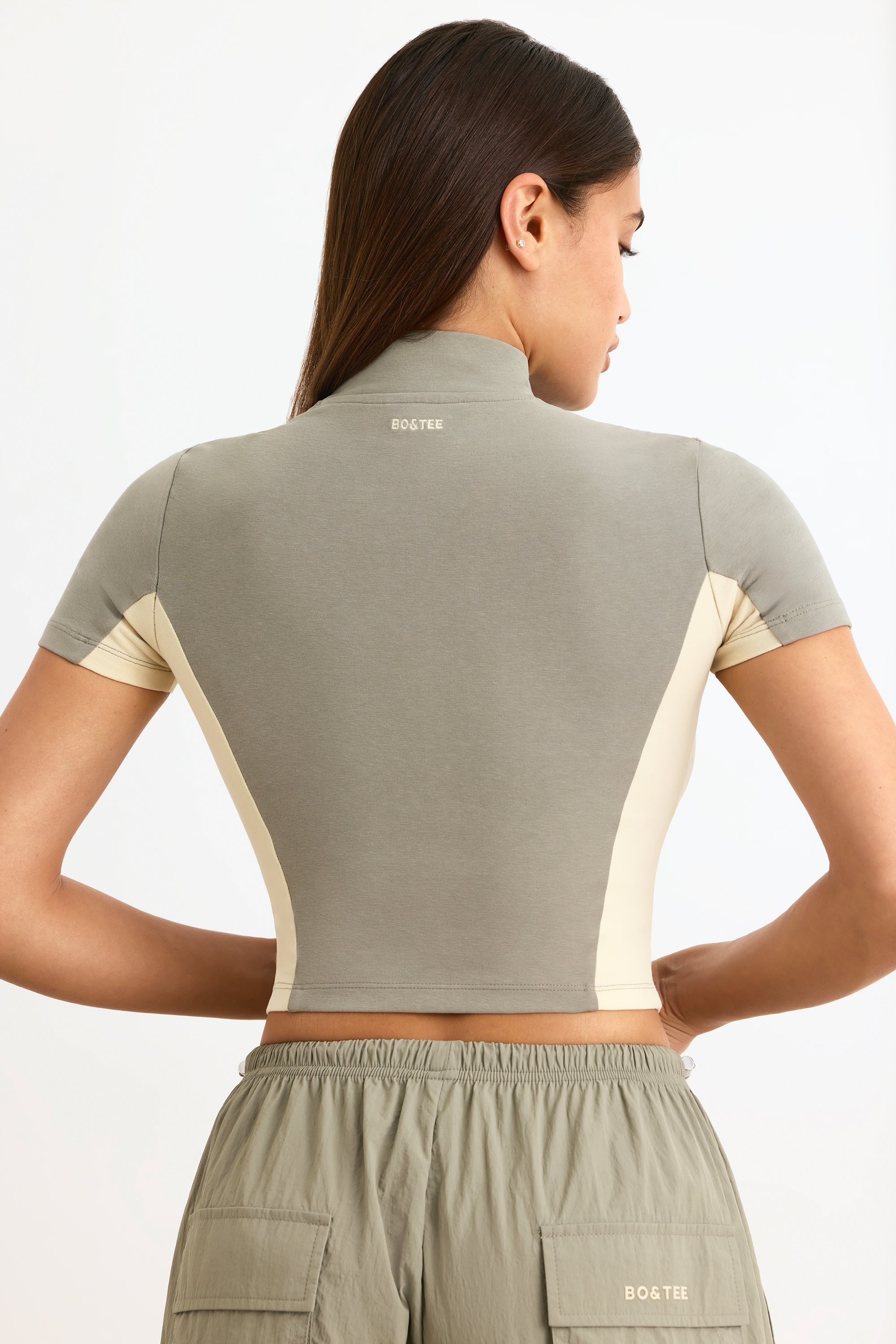 Cotton Jersey Colourblock Zip-Up Crop Top in Mineral - 2