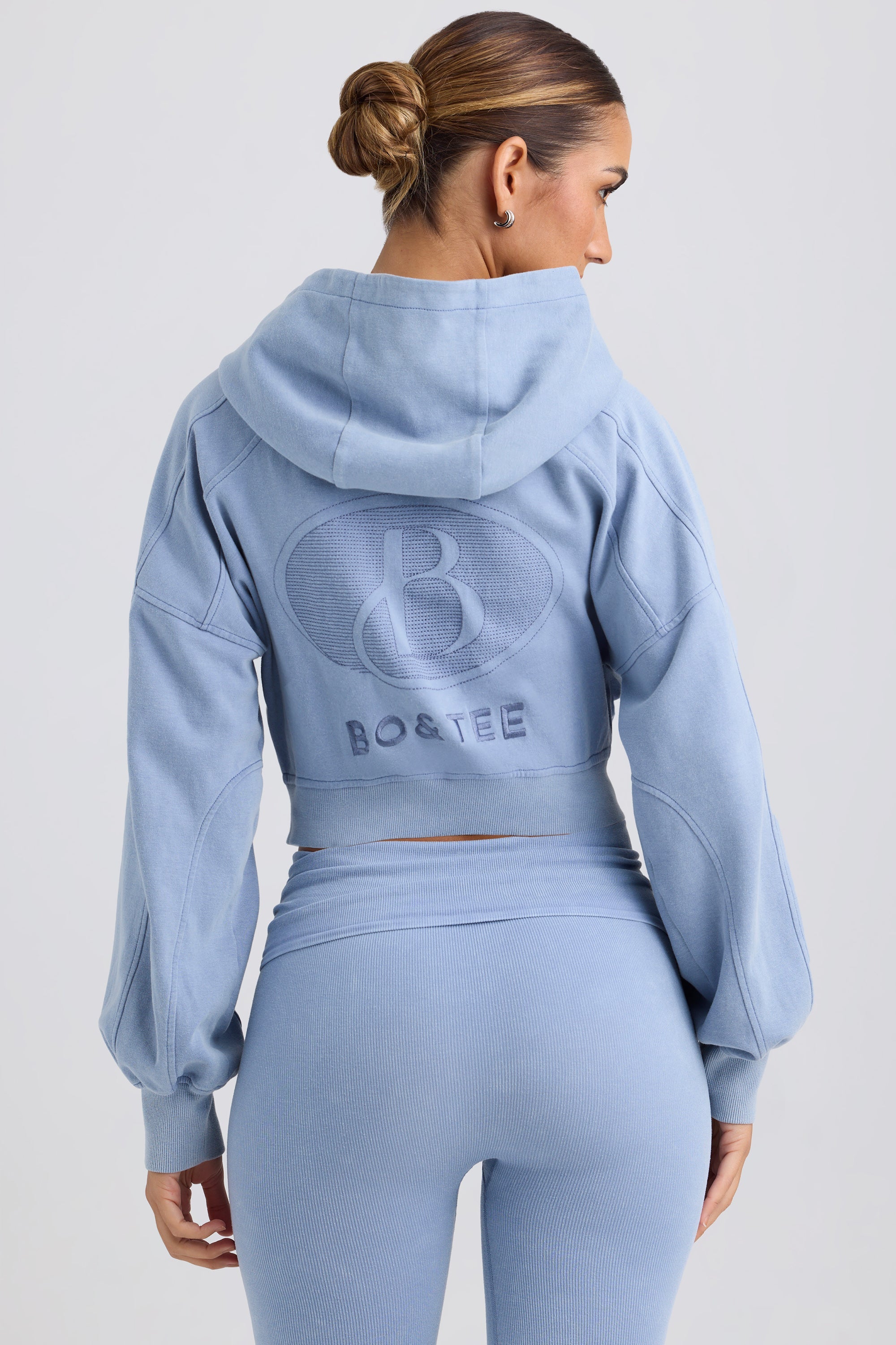 Brushed Jersey Zip-Up Cropped Hoodie in Washed Blue - 2