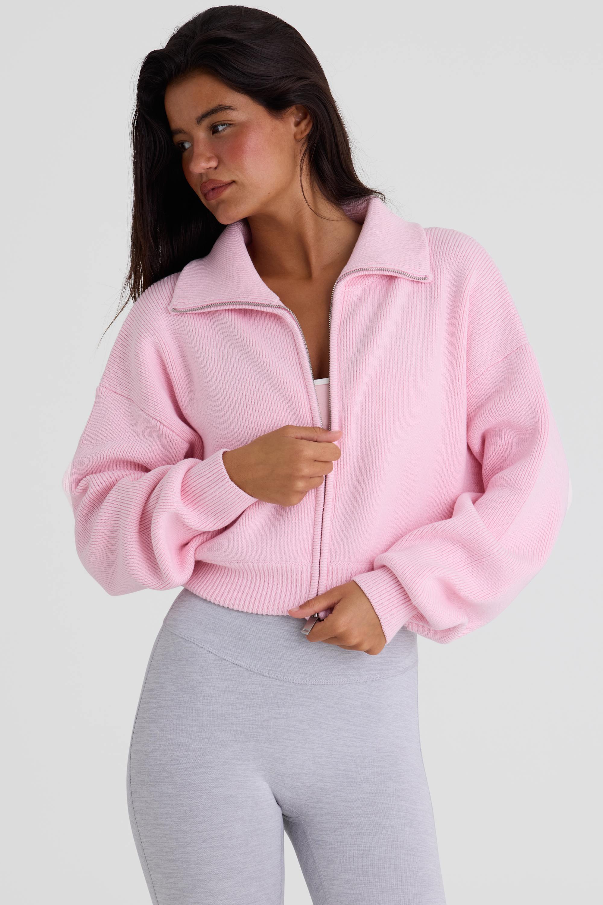 Ribbed Knit Zip-Up Cropped Sweatshirt in Pale Pink - 2