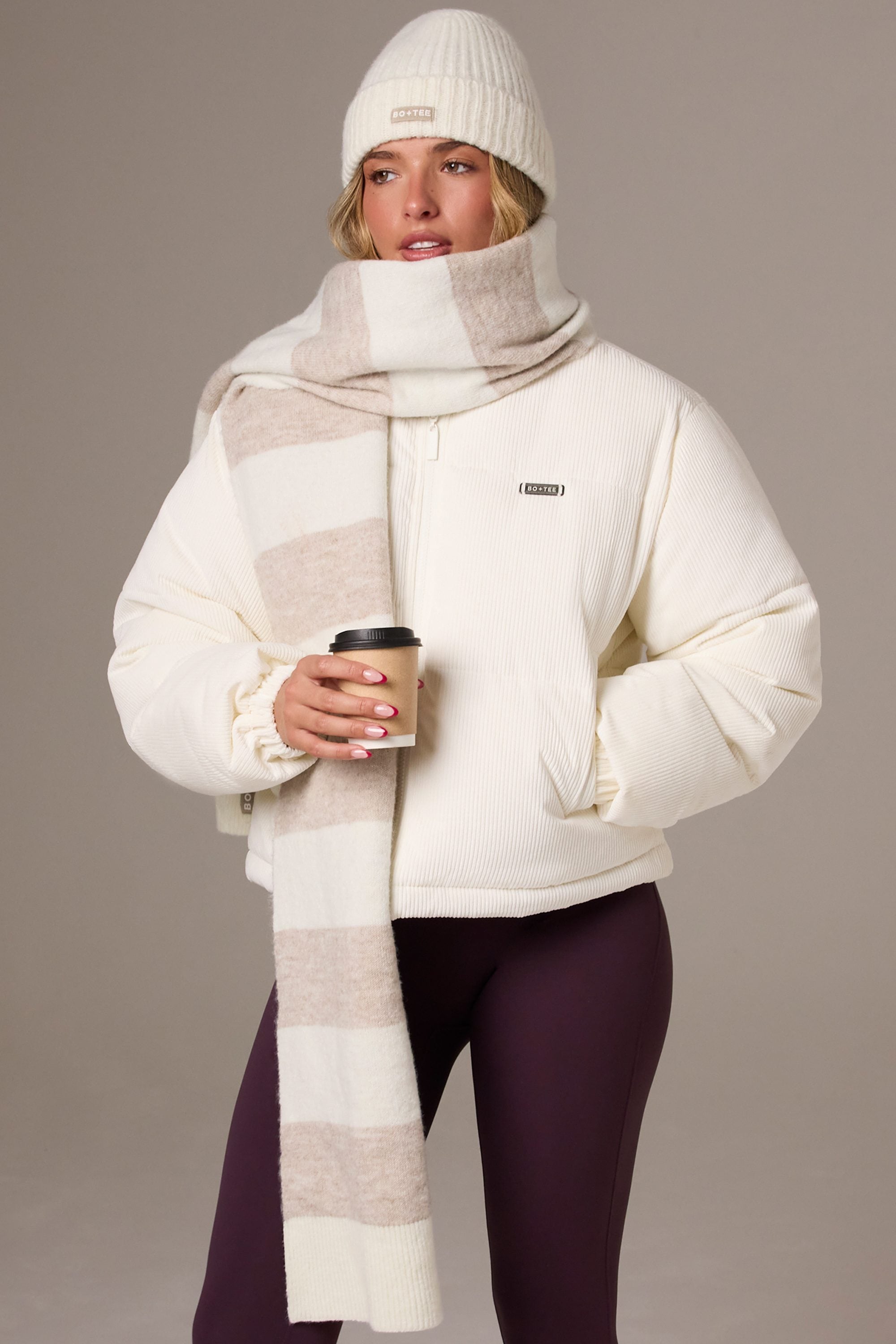 Knitted Striped Scarf in Ivory - 2