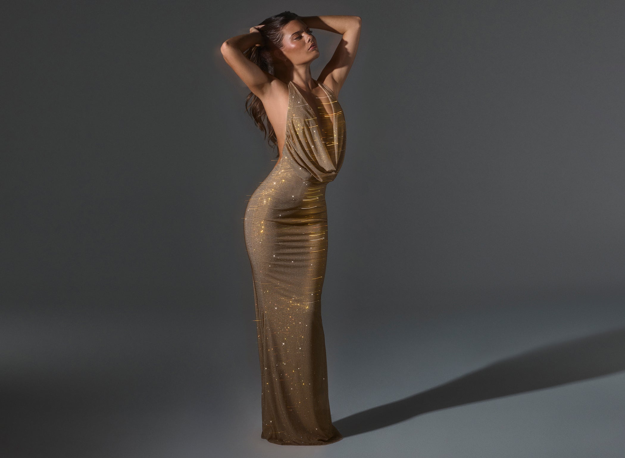 Embellished Cowl-Neck Backless Gown in Gold - 1