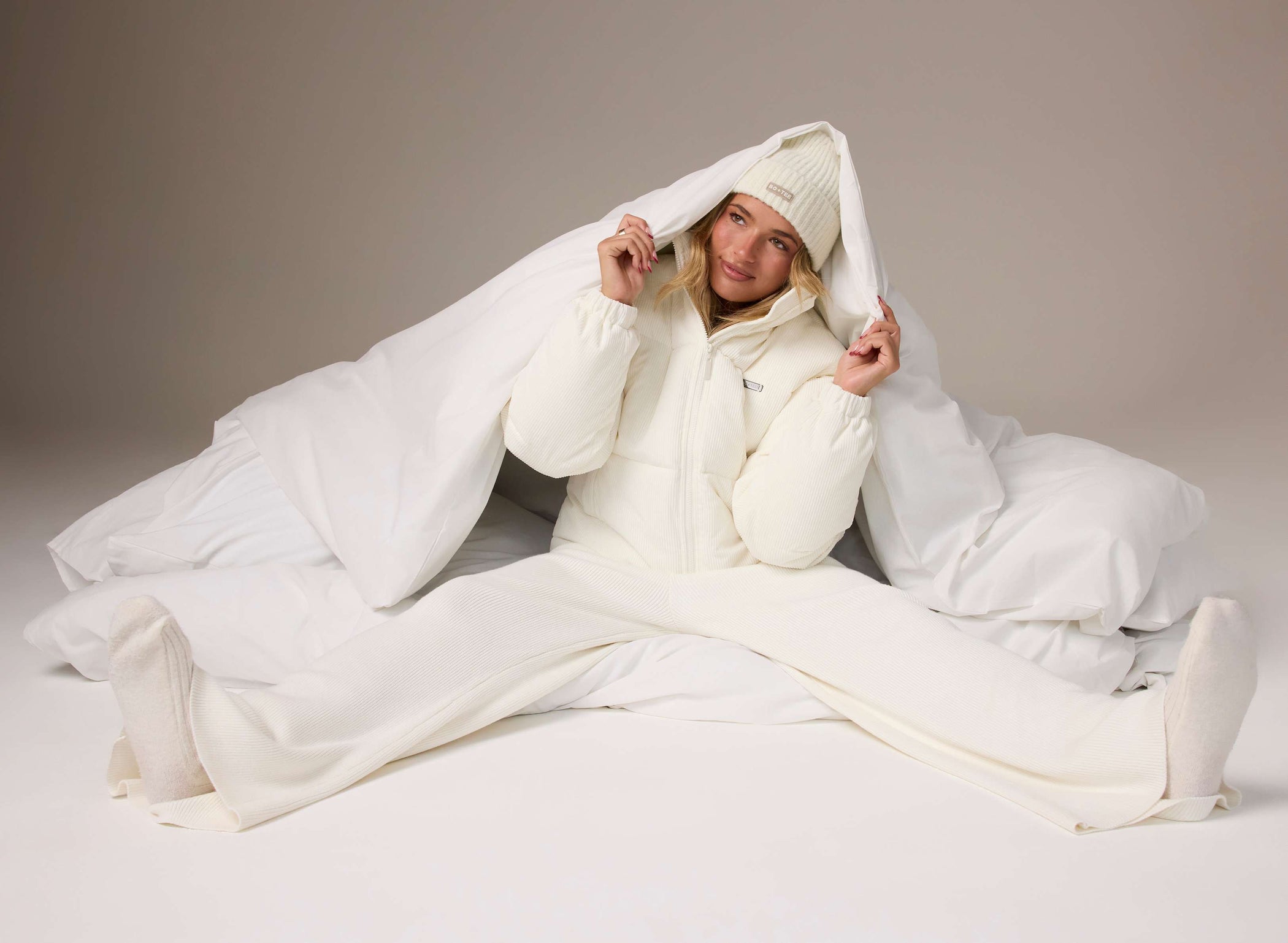 Corduroy Quilted Puffer Jacket in Ivory - 1