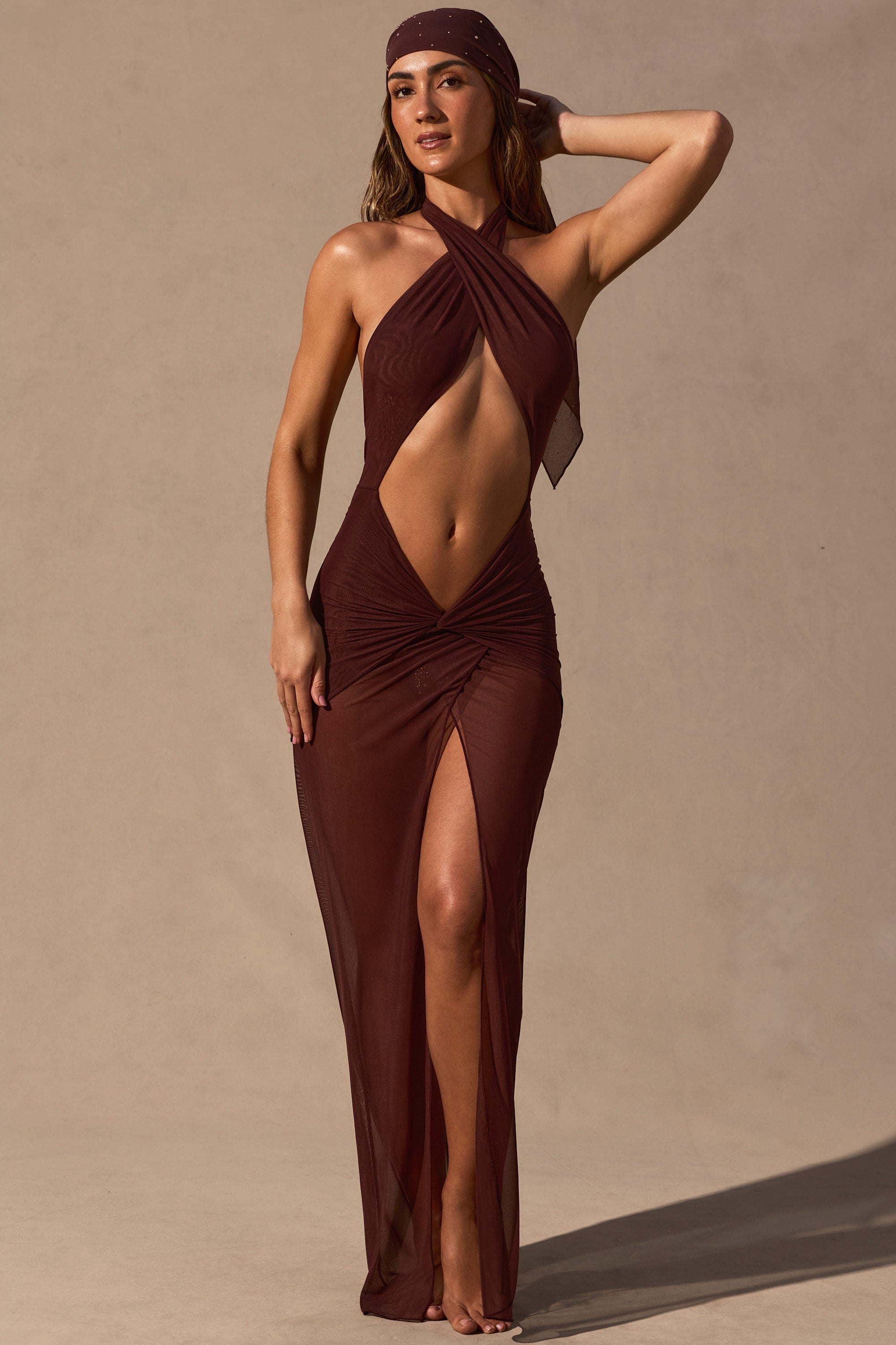 Cut-Out Halterneck Maxi Dress in Espresso Brown - 1