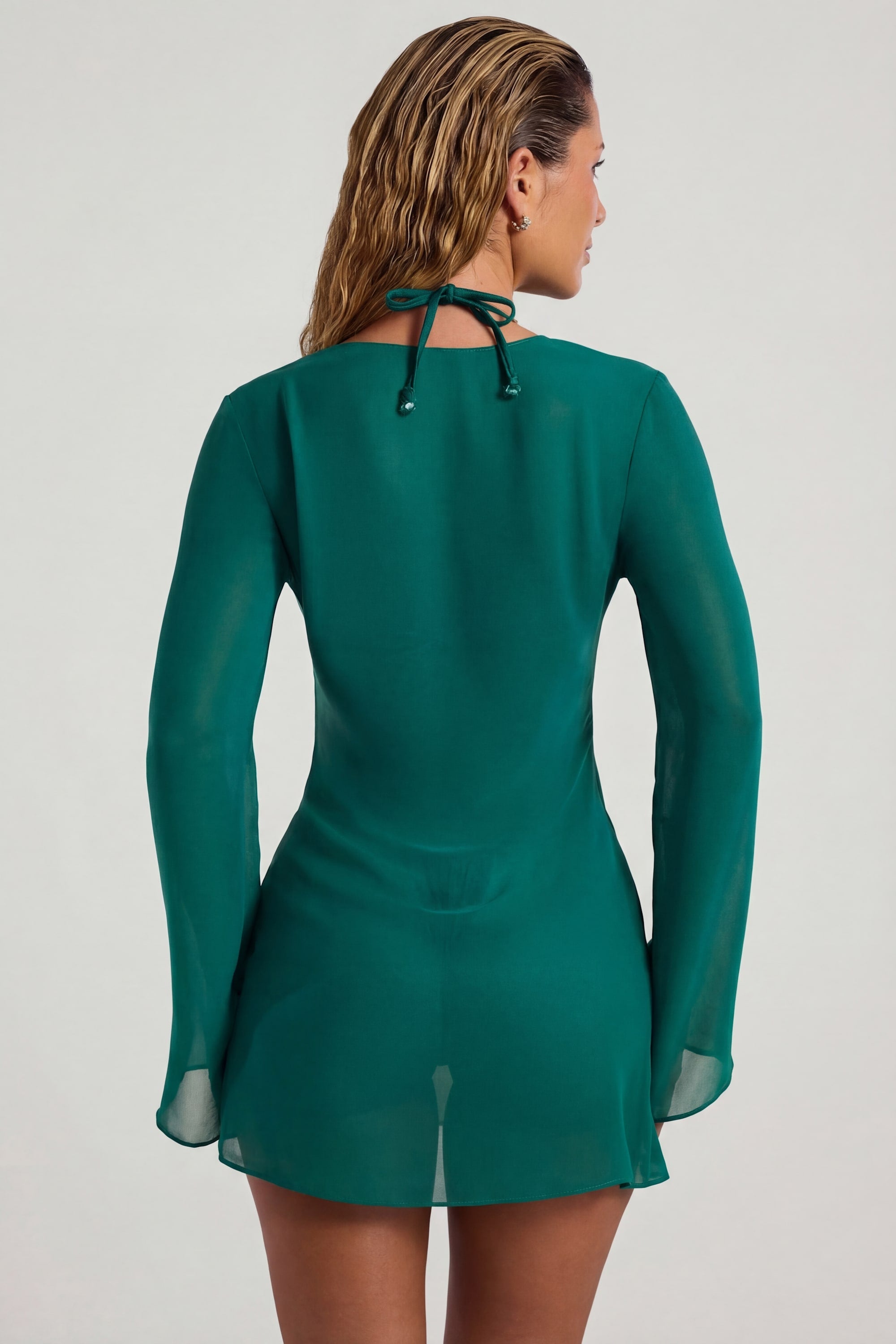 Bead-Embellished Cowl-Neck Sheer Mini Dress in Jade Green - 2