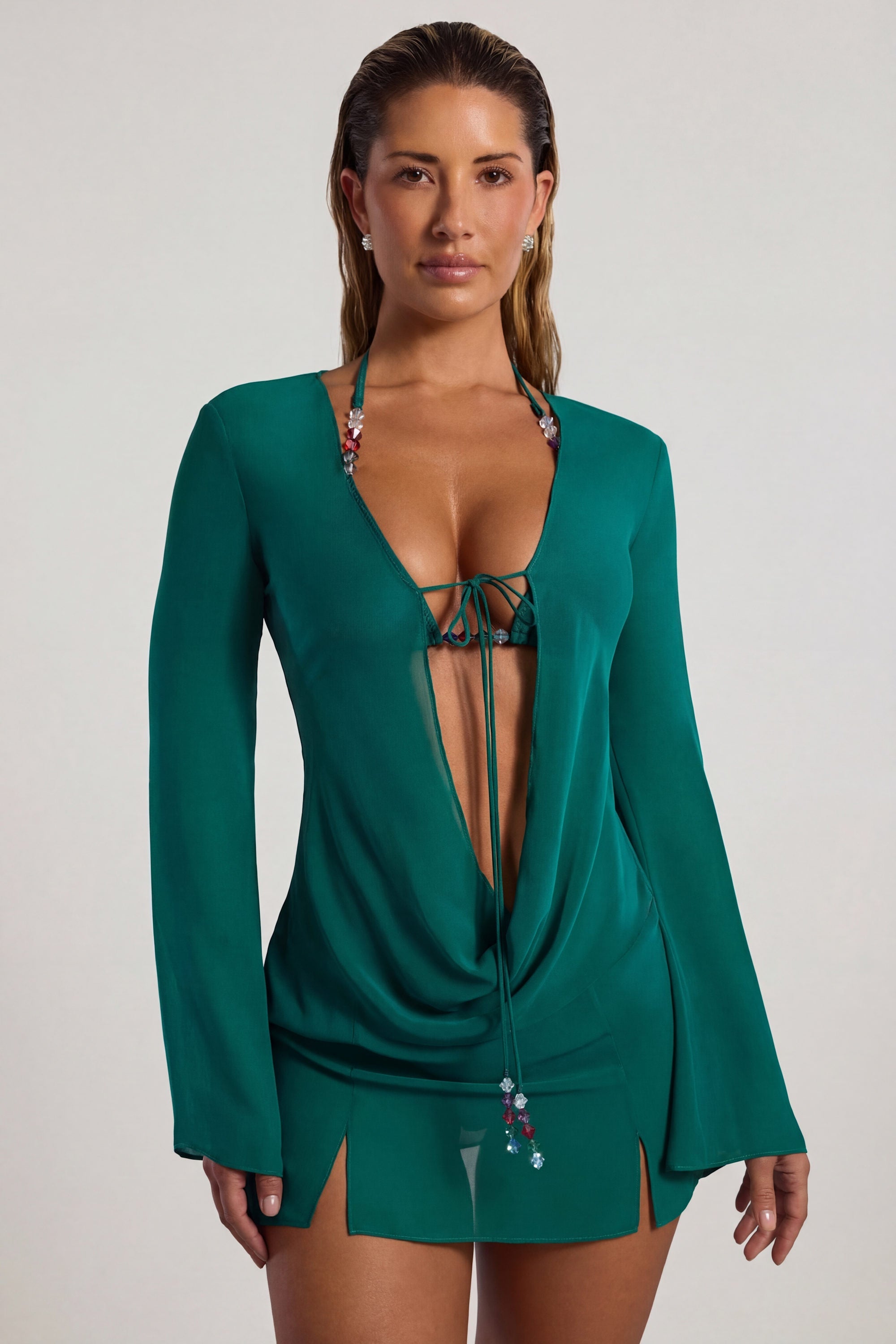 Bead-Embellished Cowl-Neck Sheer Mini Dress in Jade Green - 1