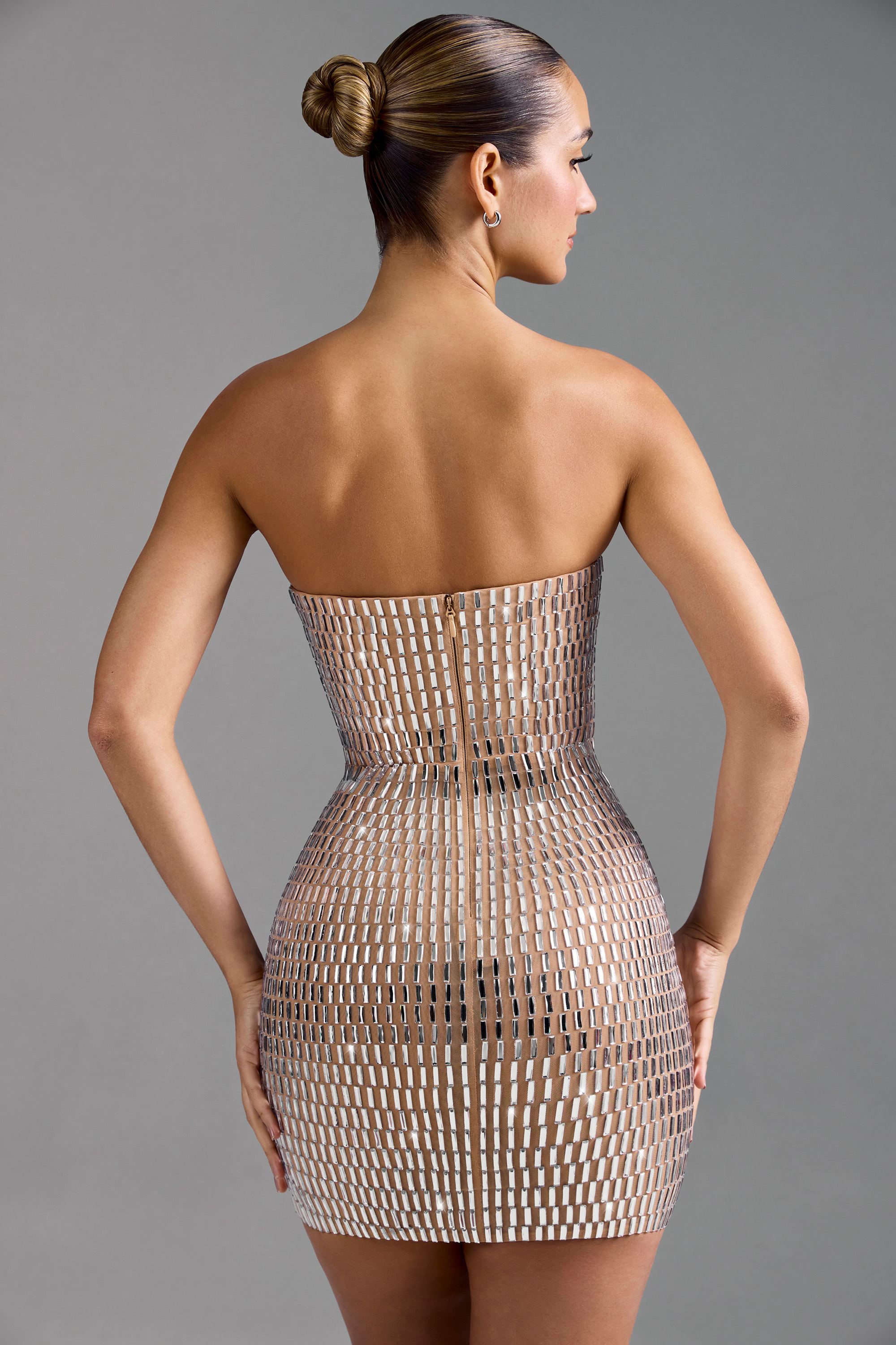 Embellished Bandeau Mini Dress in Almond - 2