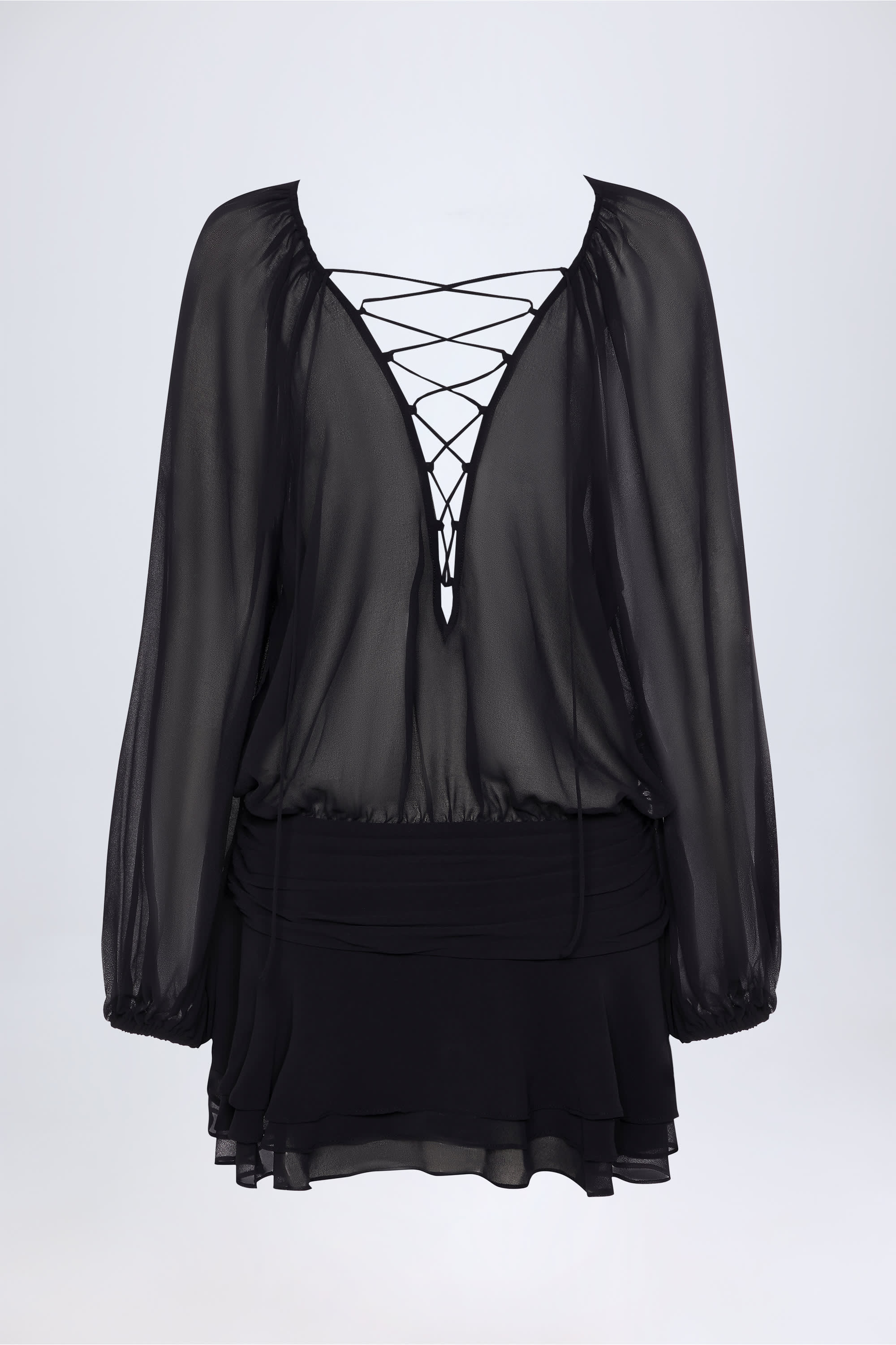 Lace-Up Balloon-Sleeve Mini Dress in Black - 1
