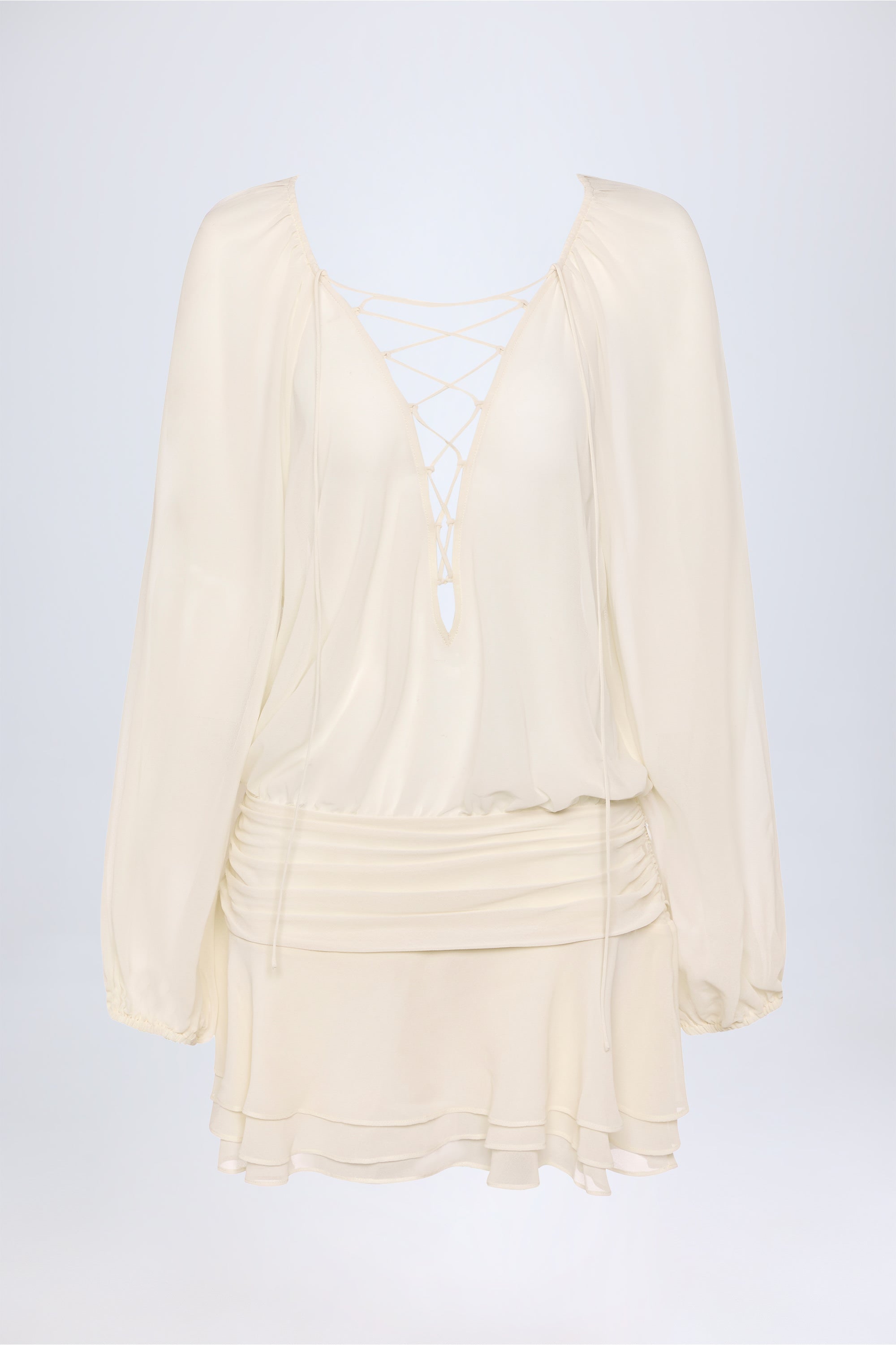 Lace-Up Balloon-Sleeve Mini Dress in Ivory - 1