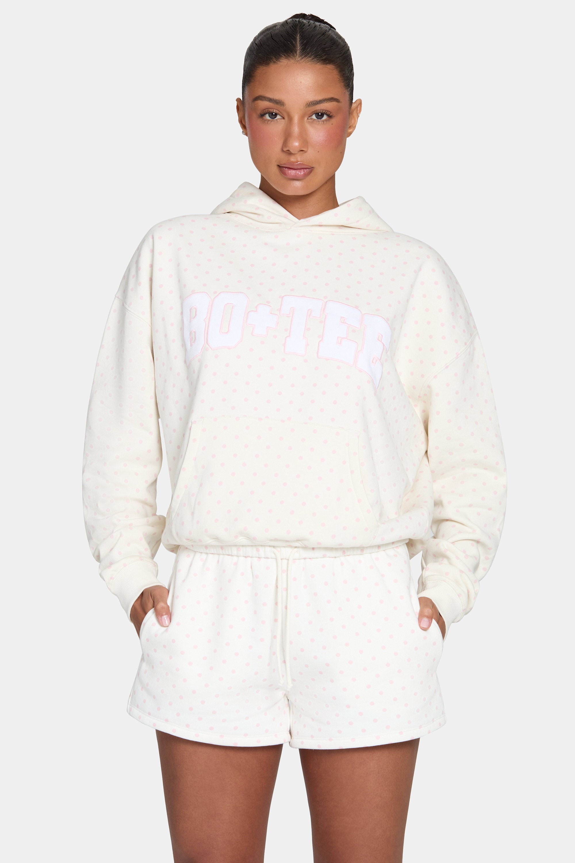 Oversized Applique Hoodie in Ivory Polka Dot