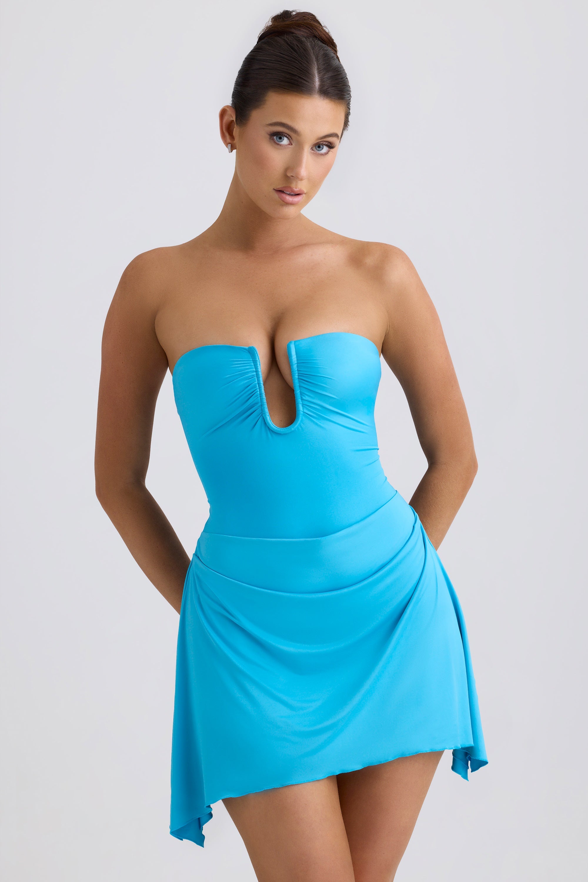 Slinky Jersey Draped A-Line Mini Dress in Aqua Blue - 1