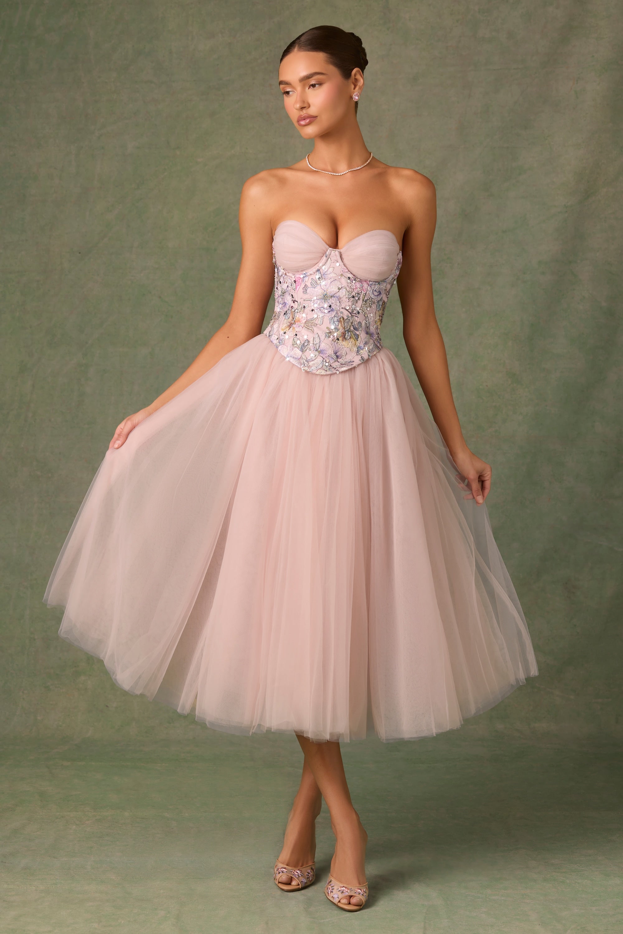 Embellished Lace-Up Cupless Corset in Floral Pink - 1