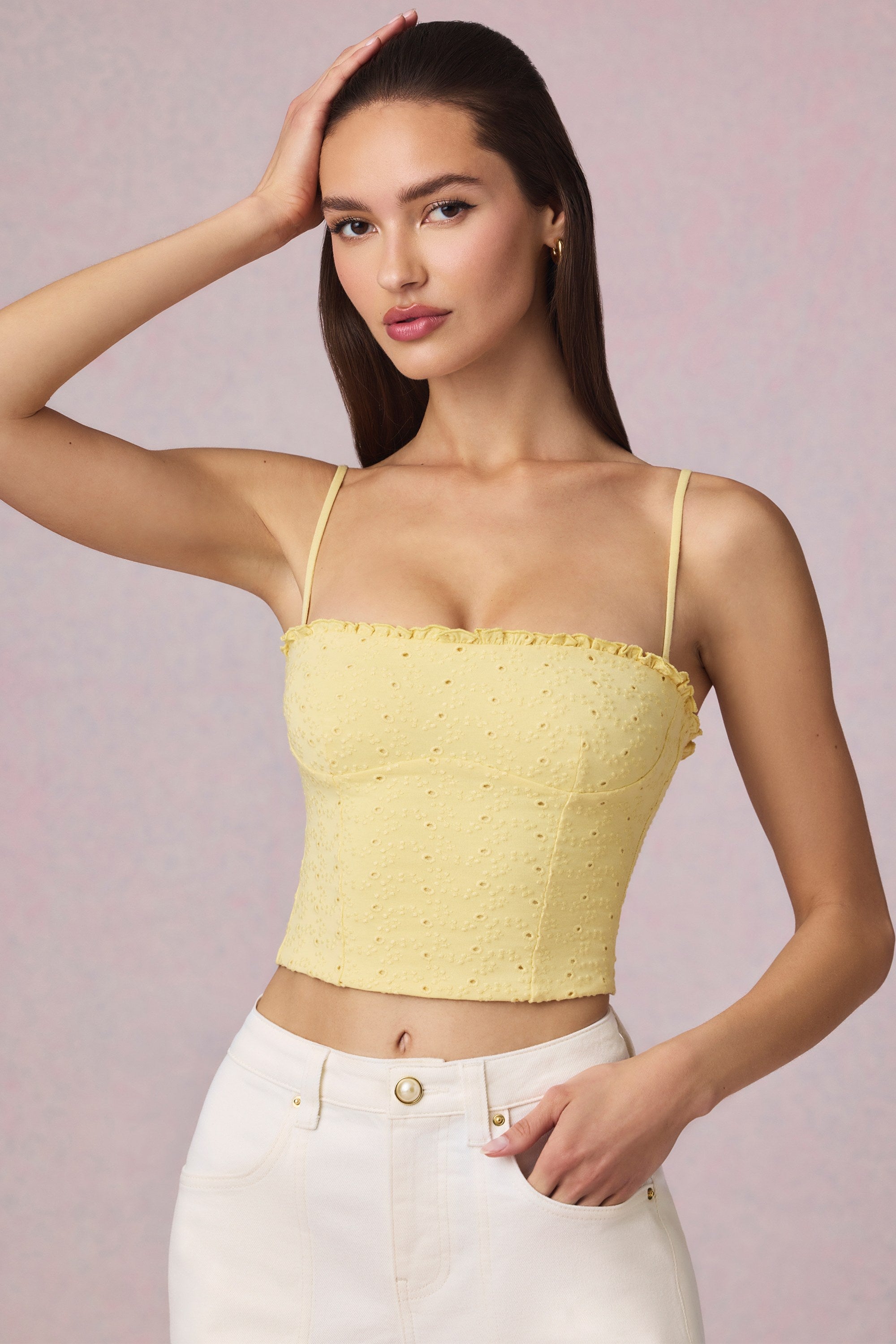 Modal Broderie Anglaise Camisole Top in Lemon Yellow - 1