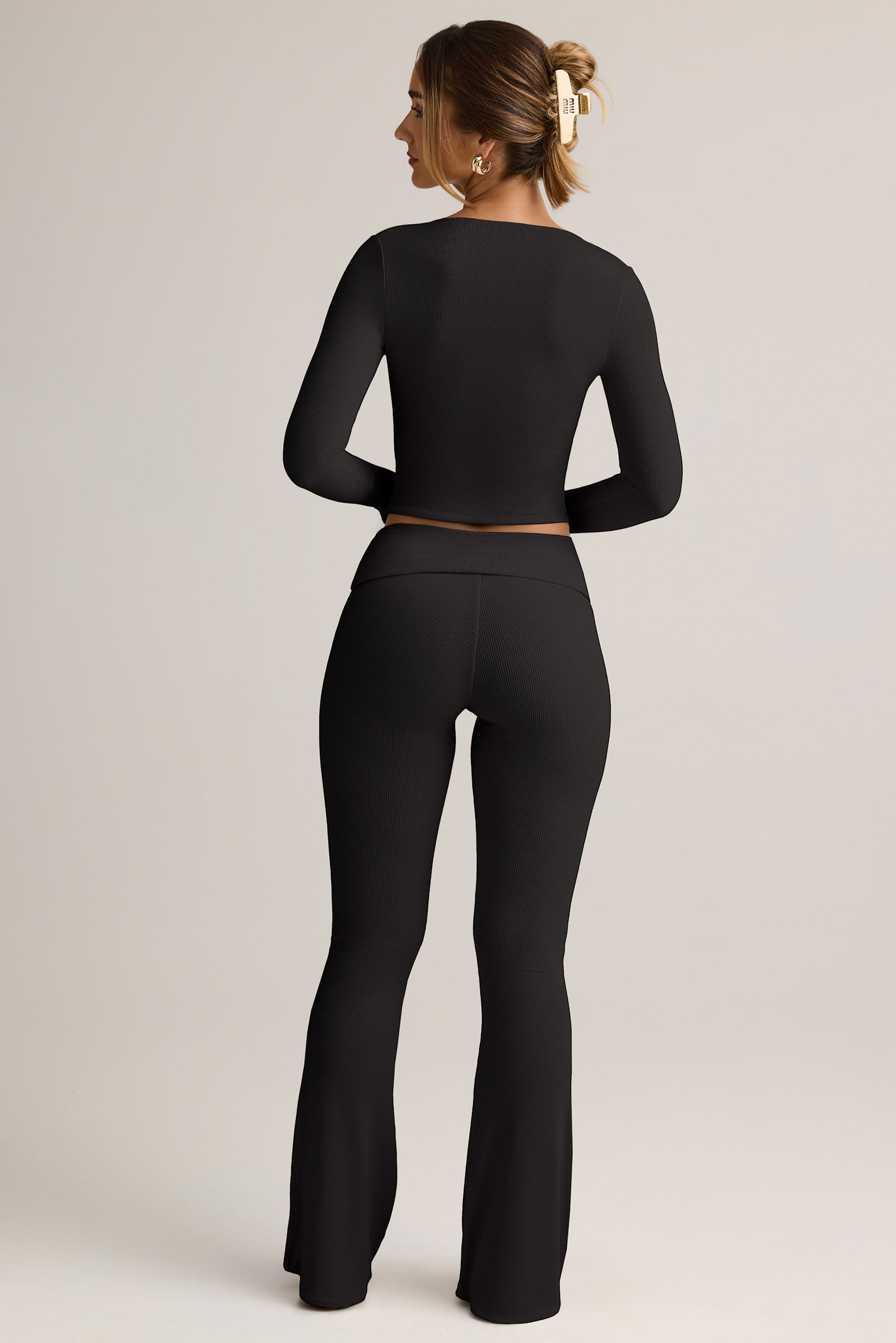 Modal Ribbed Foldover Flared Trousers in Black - 2