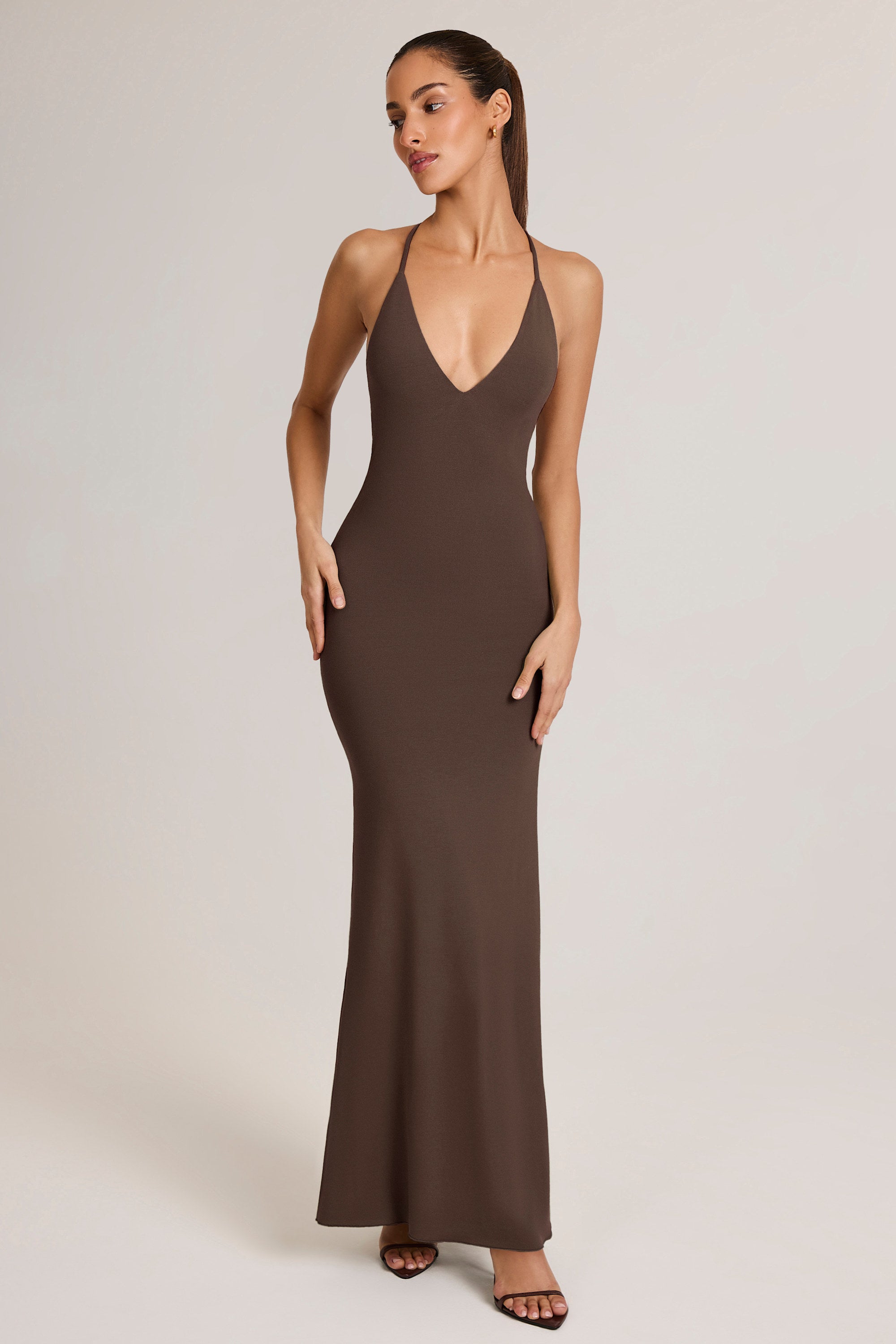 Modal Plunge Backless Maxi Dress in Chocolate Brown - 2