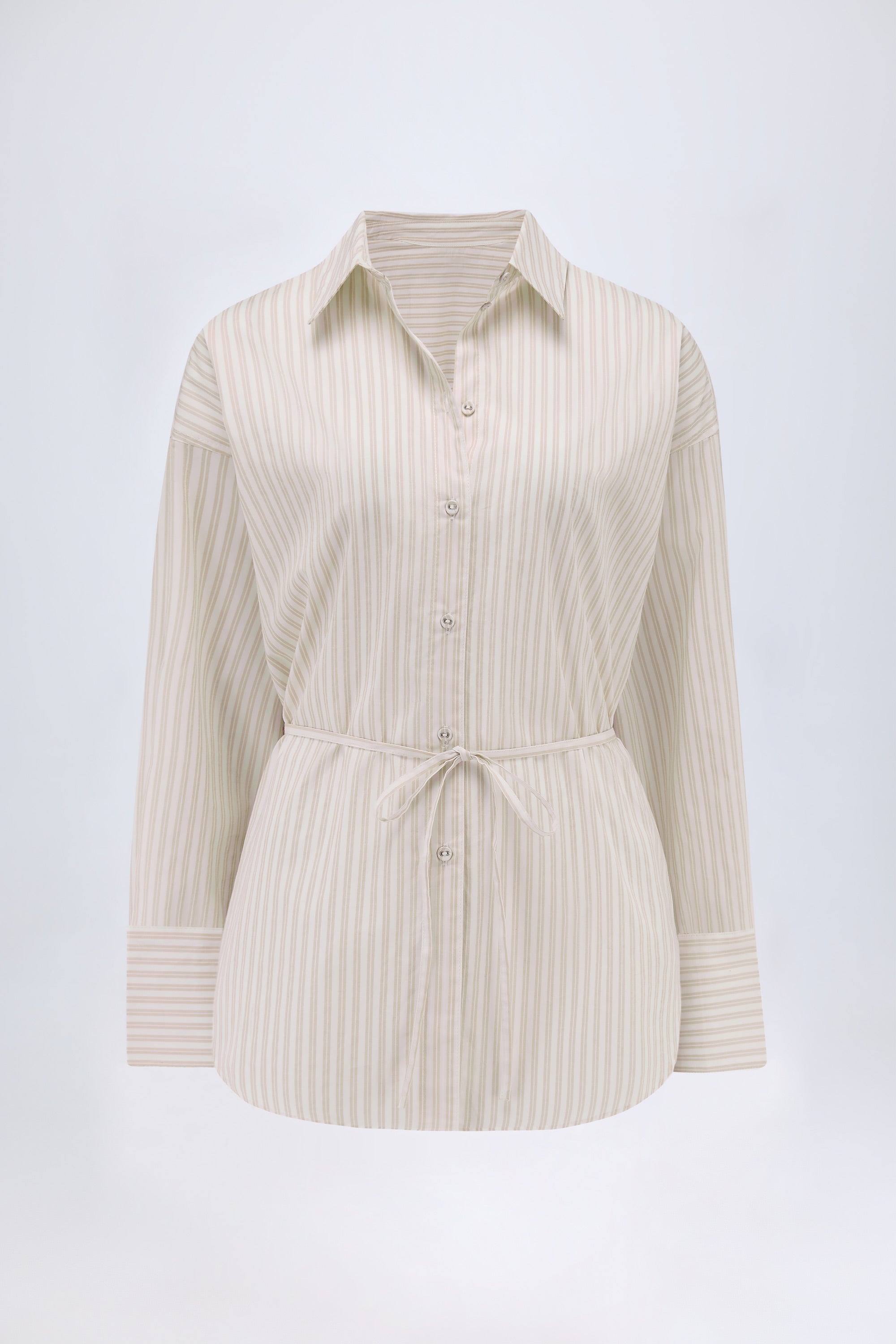 Oversized Cotton-Poplin Shirt in Taupe Stripe - 2