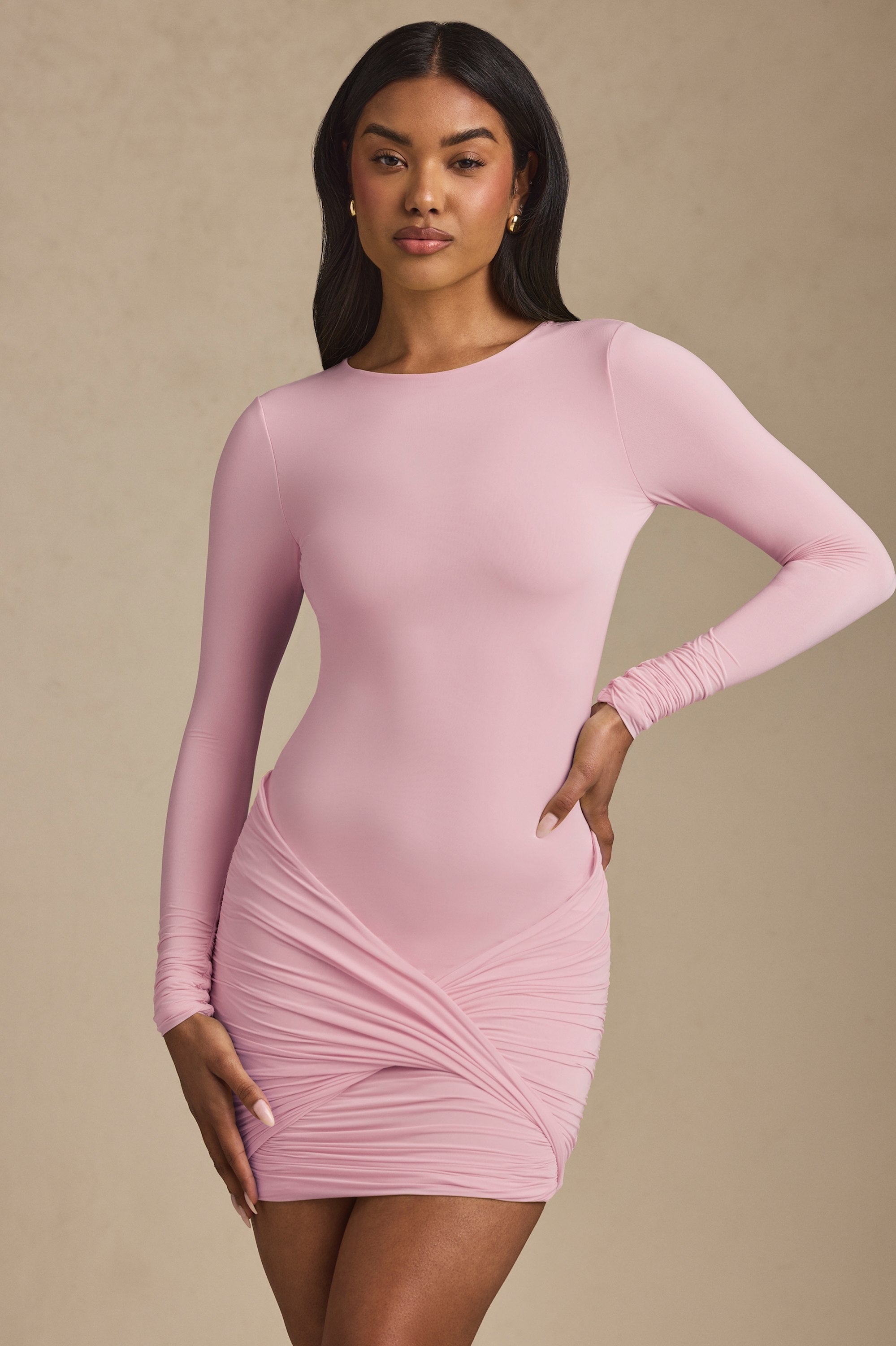 Modal Twist-Front Ruched Backless Mini Dress in Soft Pink - 1