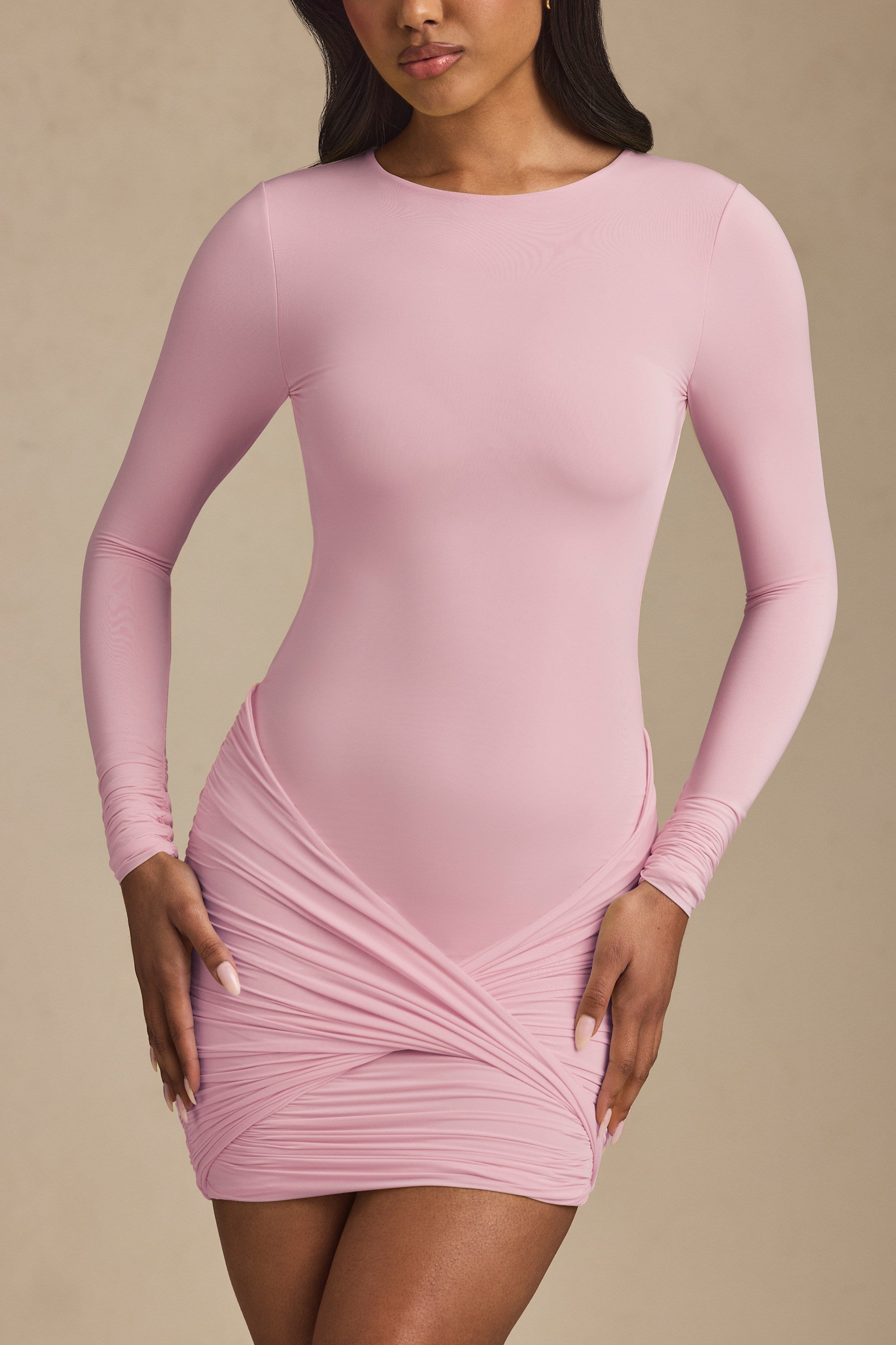 Modal Twist-Front Ruched Backless Mini Dress in Soft Pink - 2