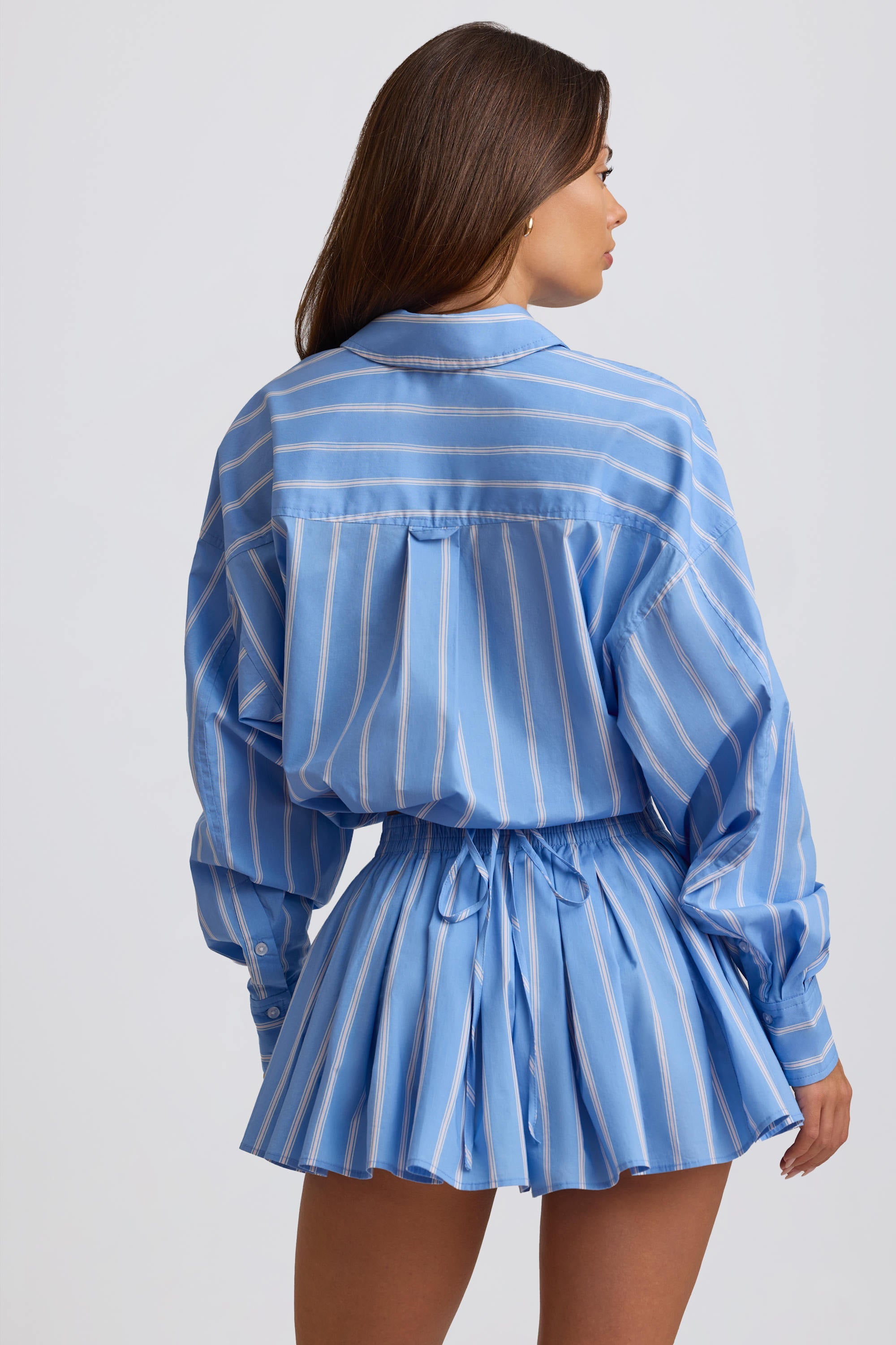 Cotton Poplin Stripe Multiway Cropped Shirt in Blue Stripe - 2