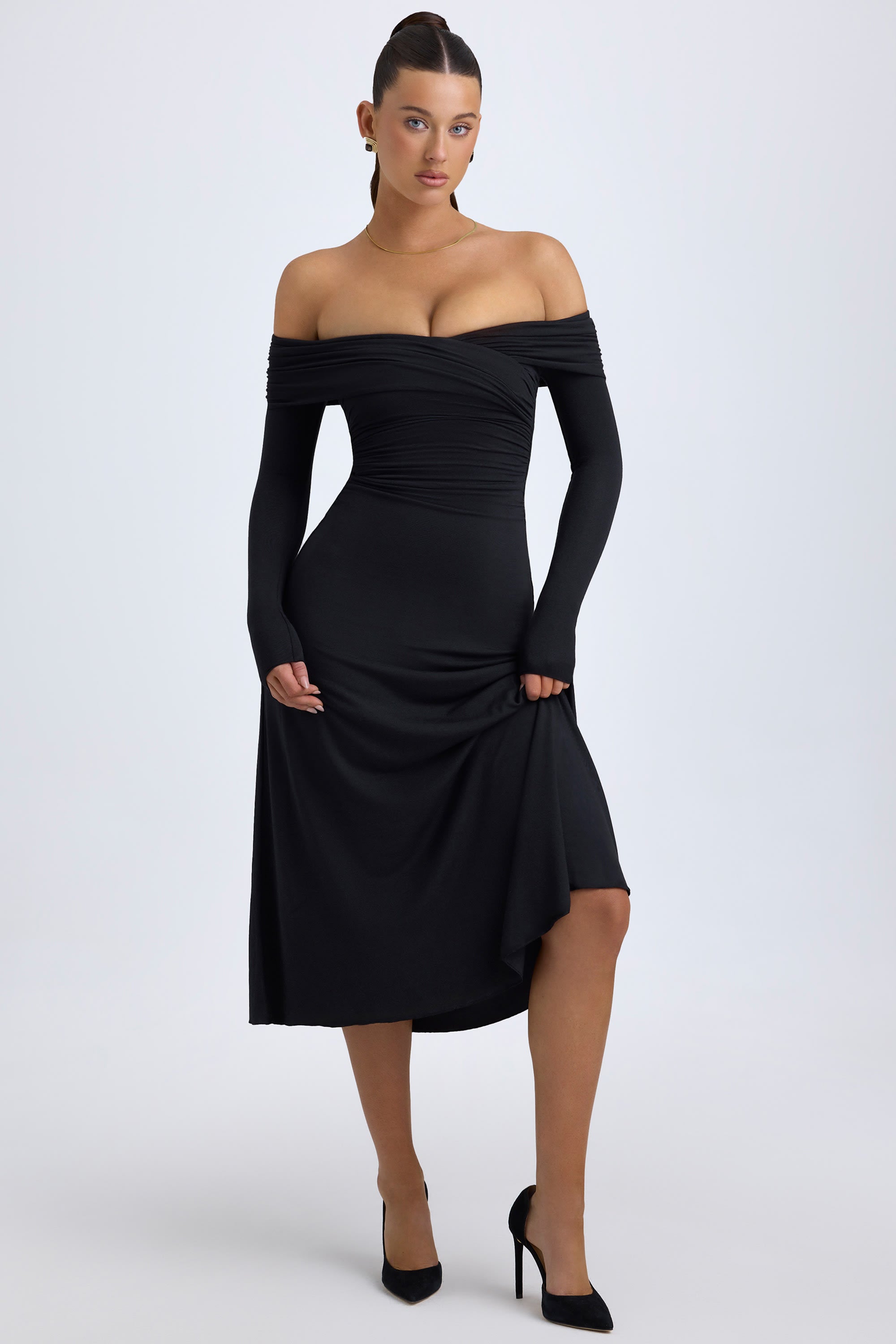 Modal Off-Shoulder Ruched Midaxi Dress in Black - 1
