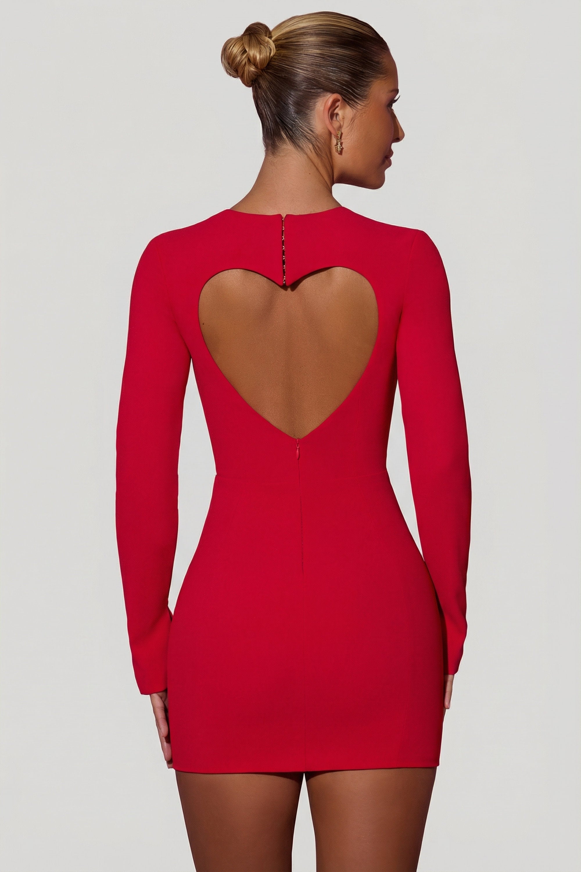 Cut-Out Heart-Detail Bodycon Mini Dress in Red - 1