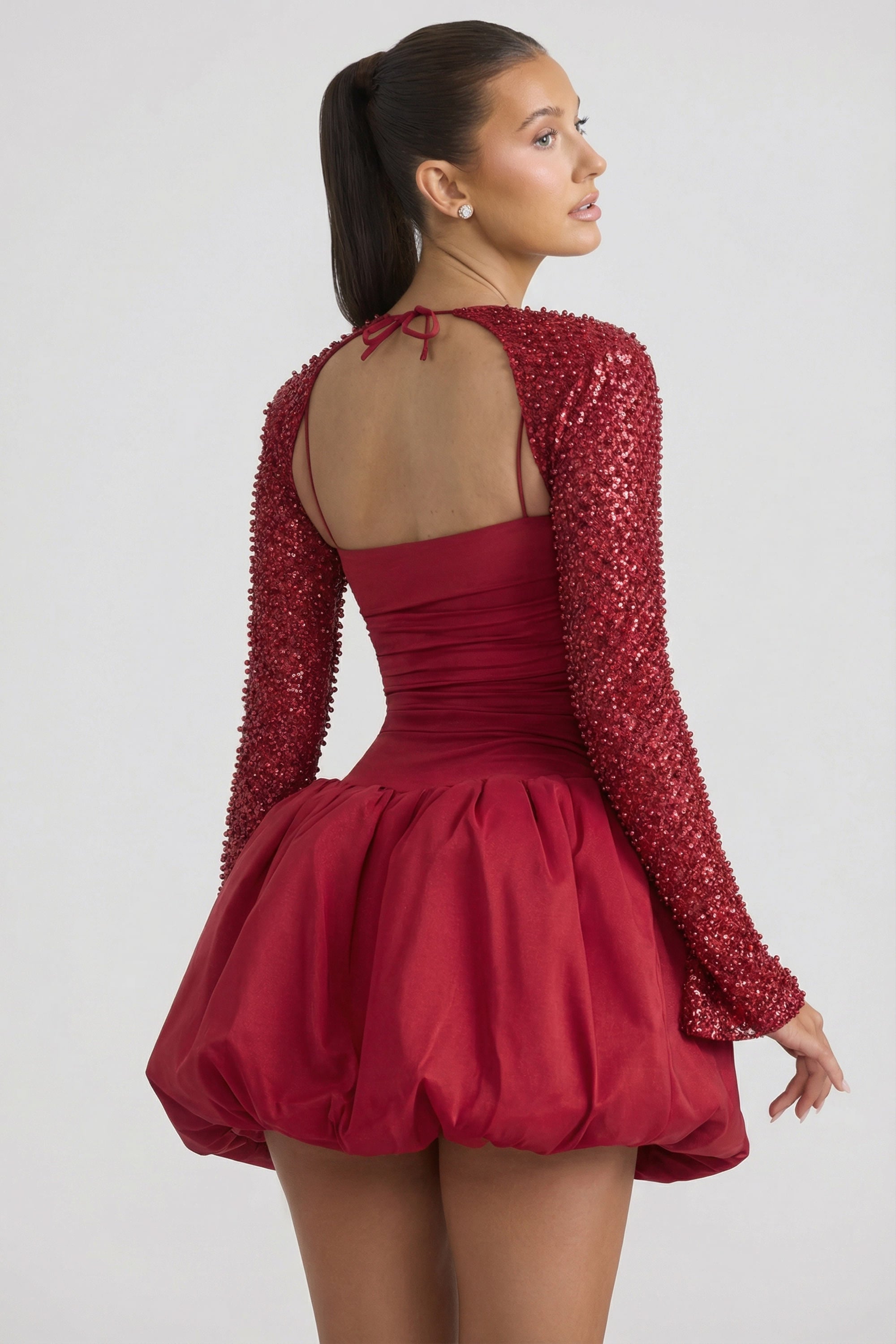 Embellished Bubble Hem Mini Dress in Red - 2