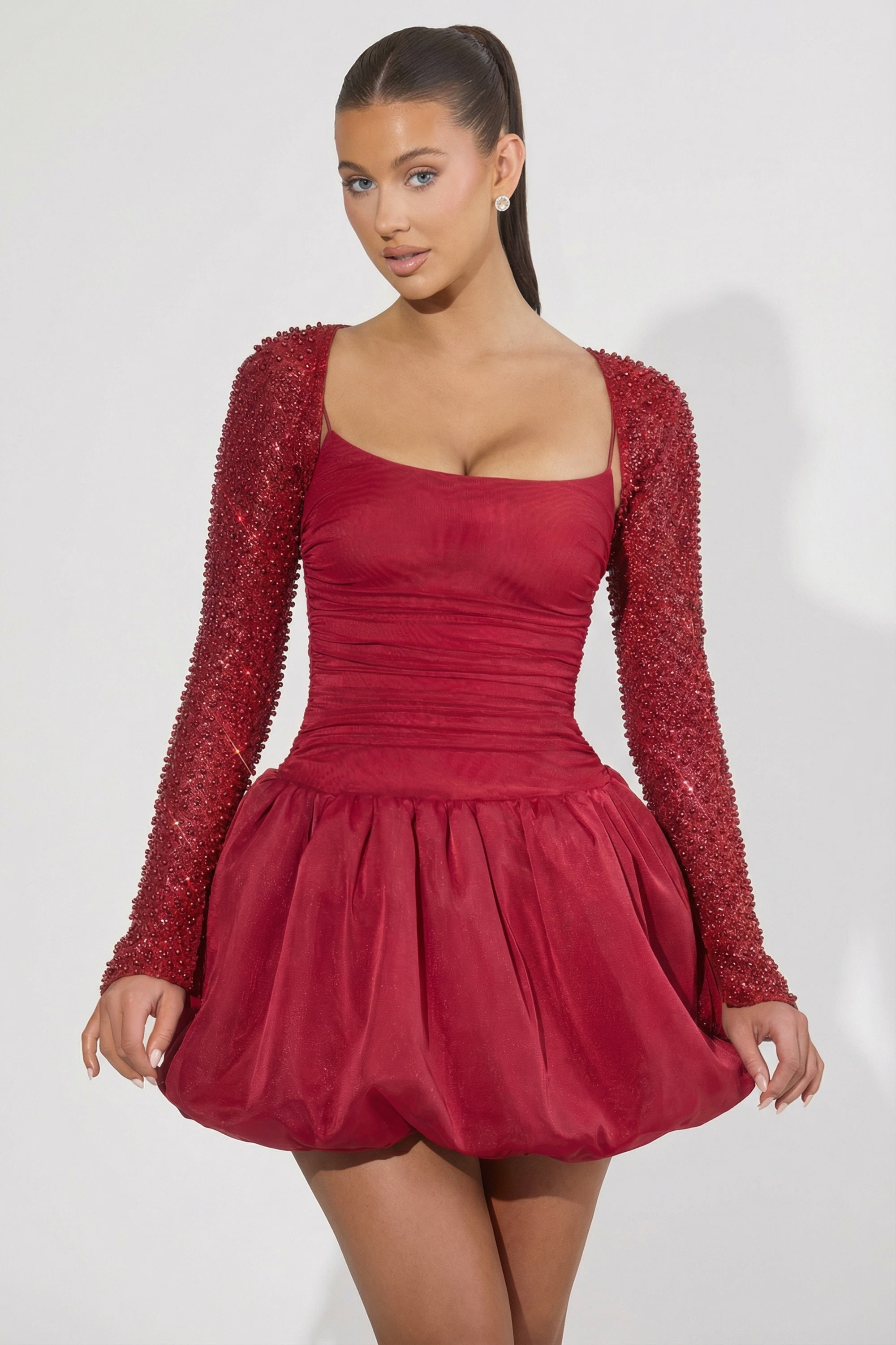 Embellished Bubble Hem Mini Dress in Red - 1