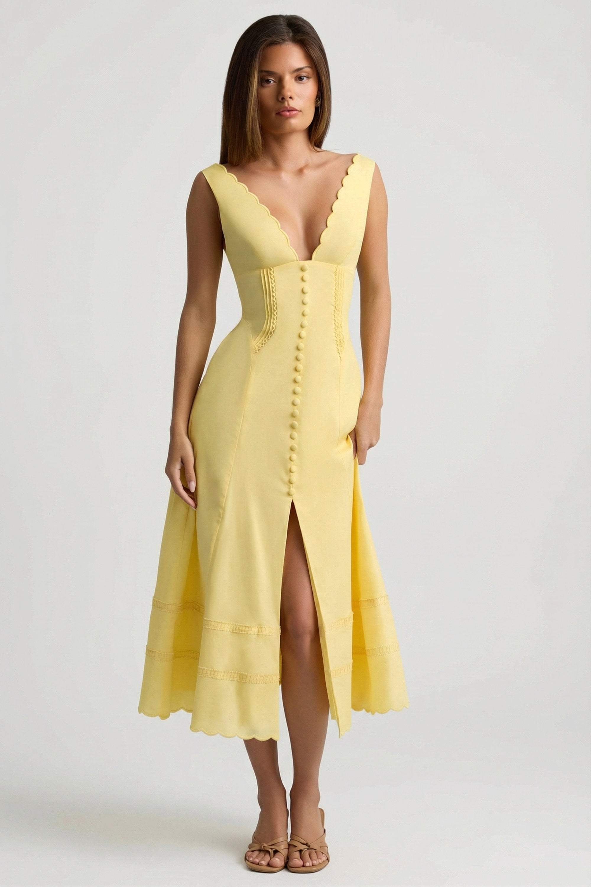 Cotton-Poplin A-Line Midaxi Dress in Pastel Yellow - 1
