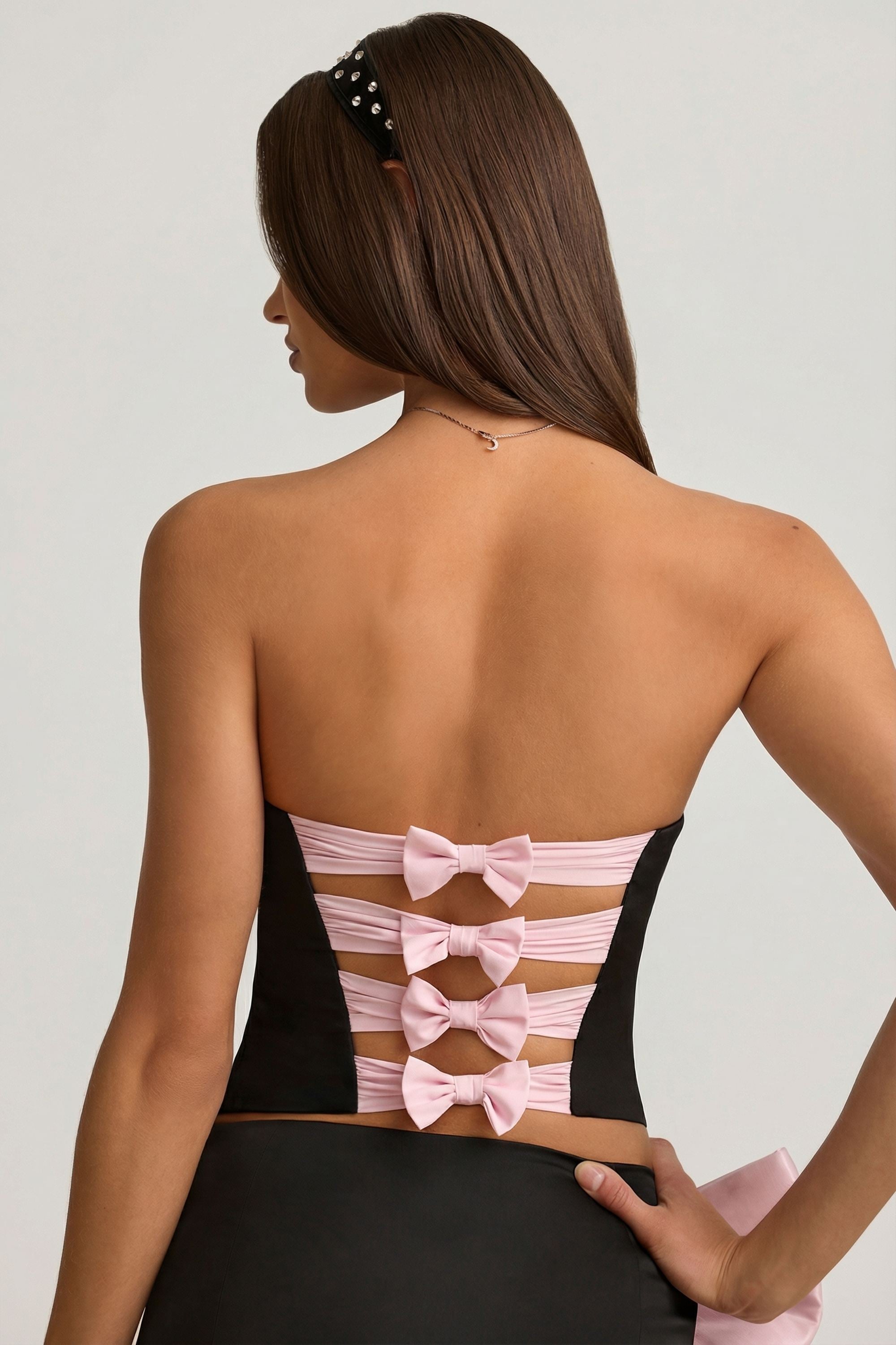 Cut-Out Bow-Detail Corset Top in Black - 2