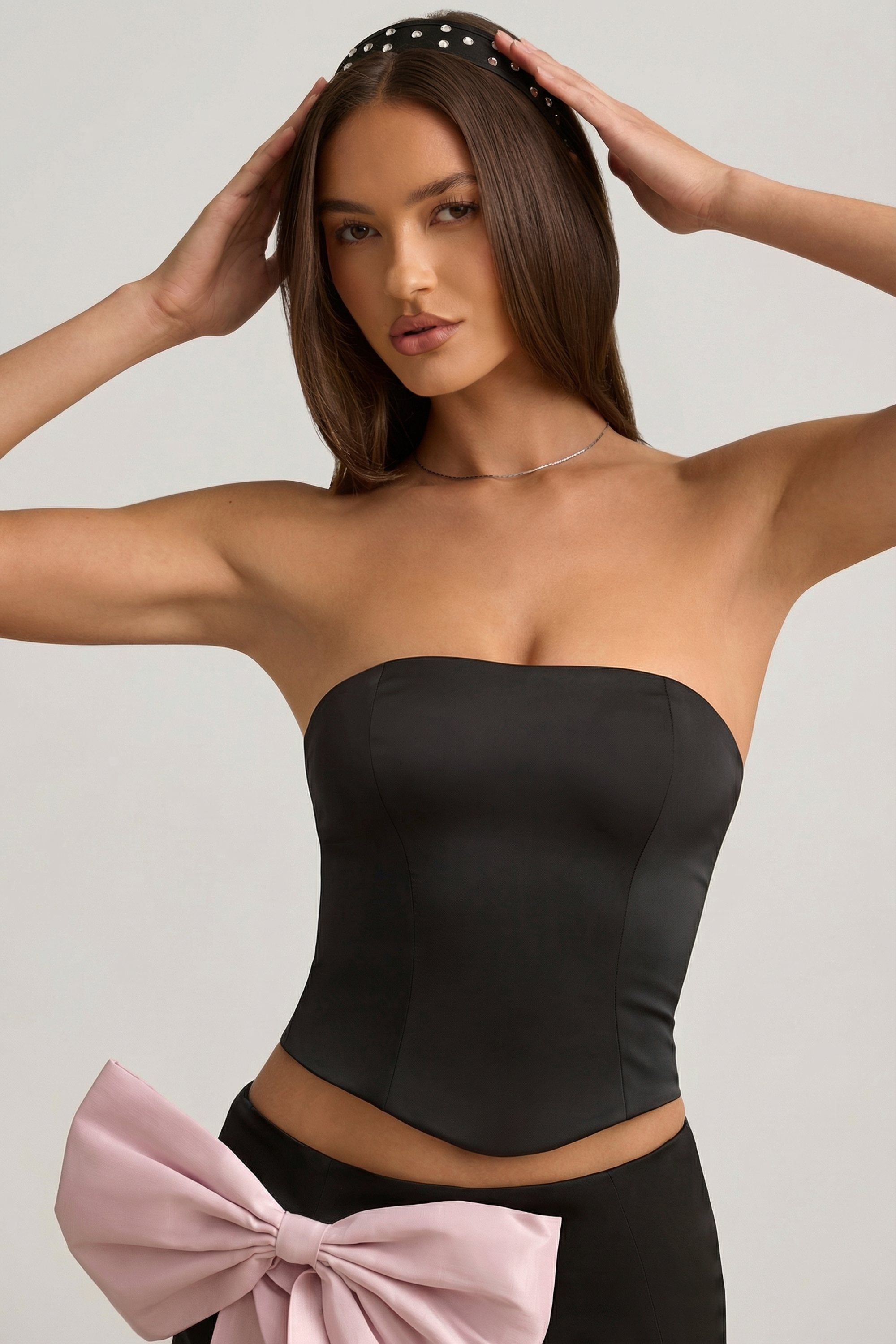Cut-Out Bow-Detail Corset Top in Black - 1