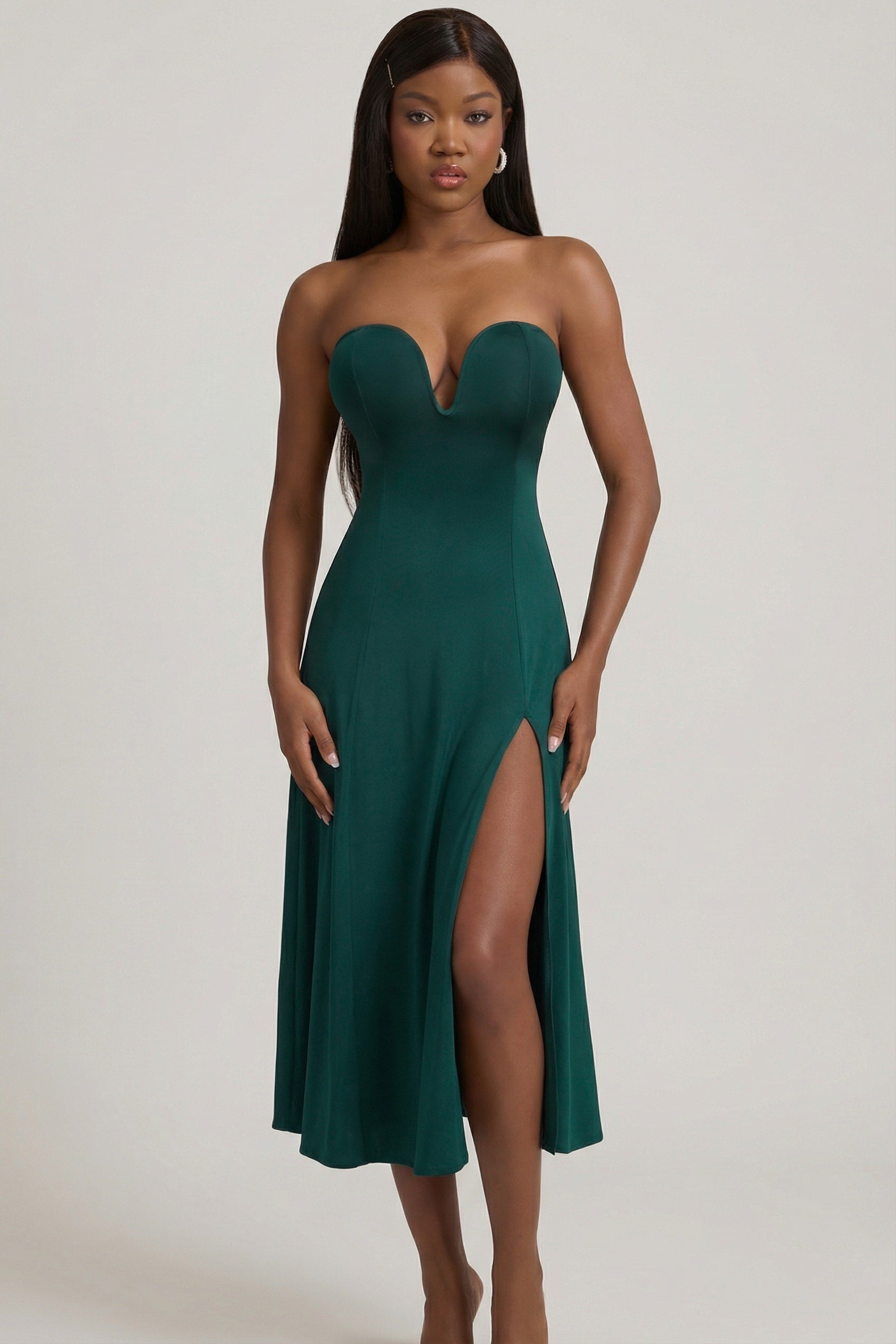Slinky Jersey Strapless A-Line Midaxi Dress in Emerald Green - 1