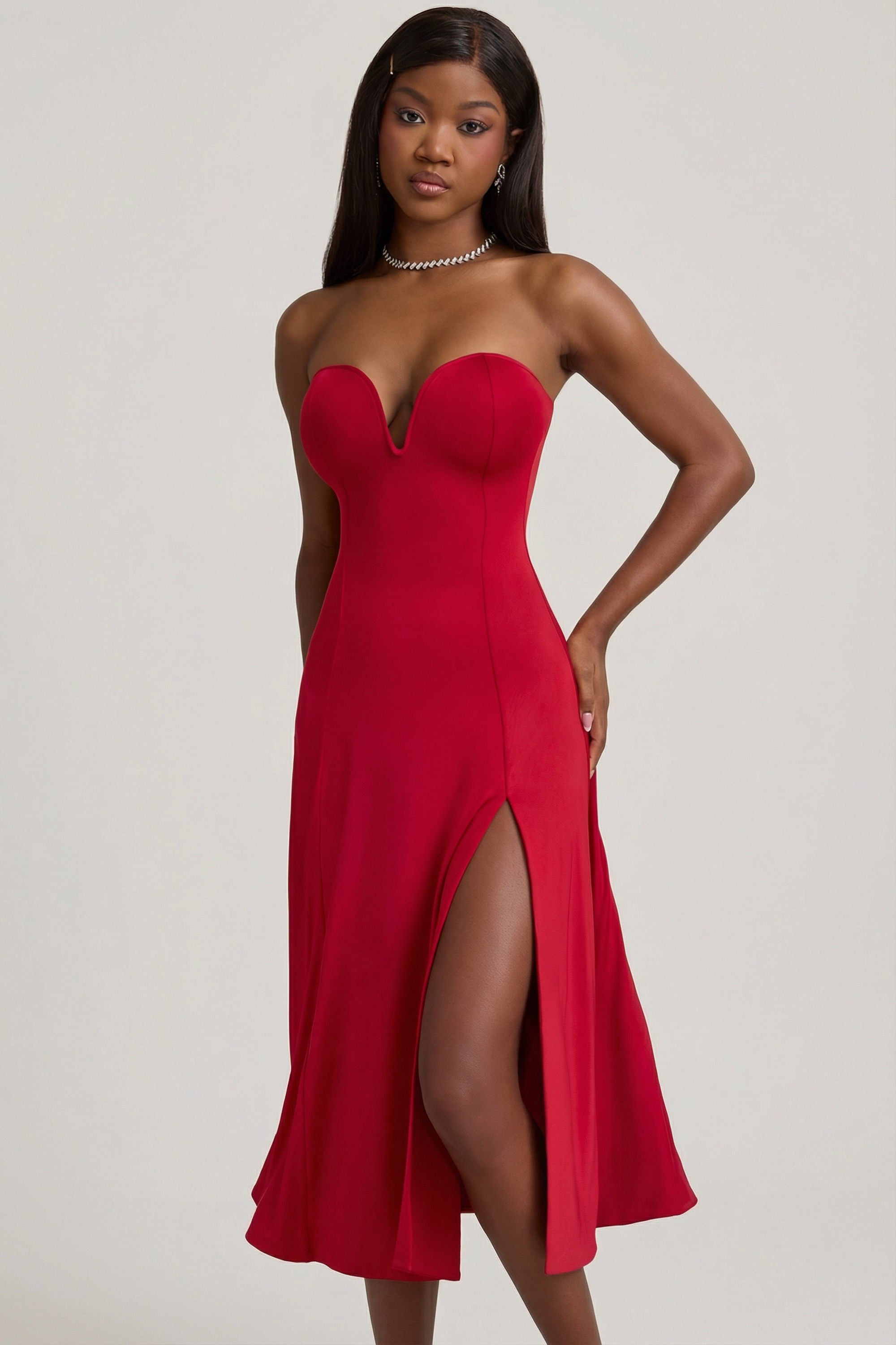 Slinky Jersey Strapless A-Line Midaxi Dress in True Red - 1