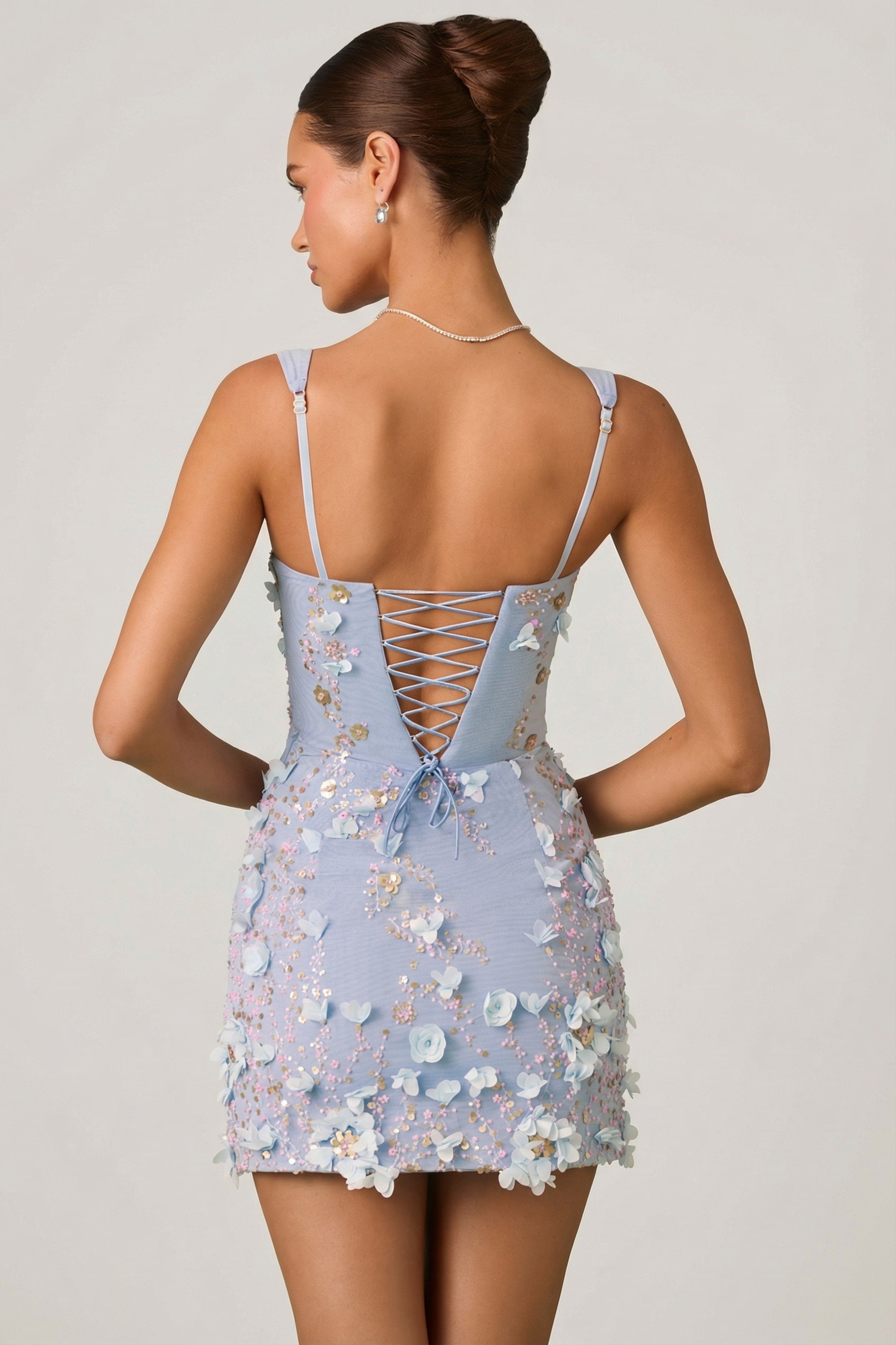 Embellished Appliqué Corset Mini Dress in Sky Blue - 2