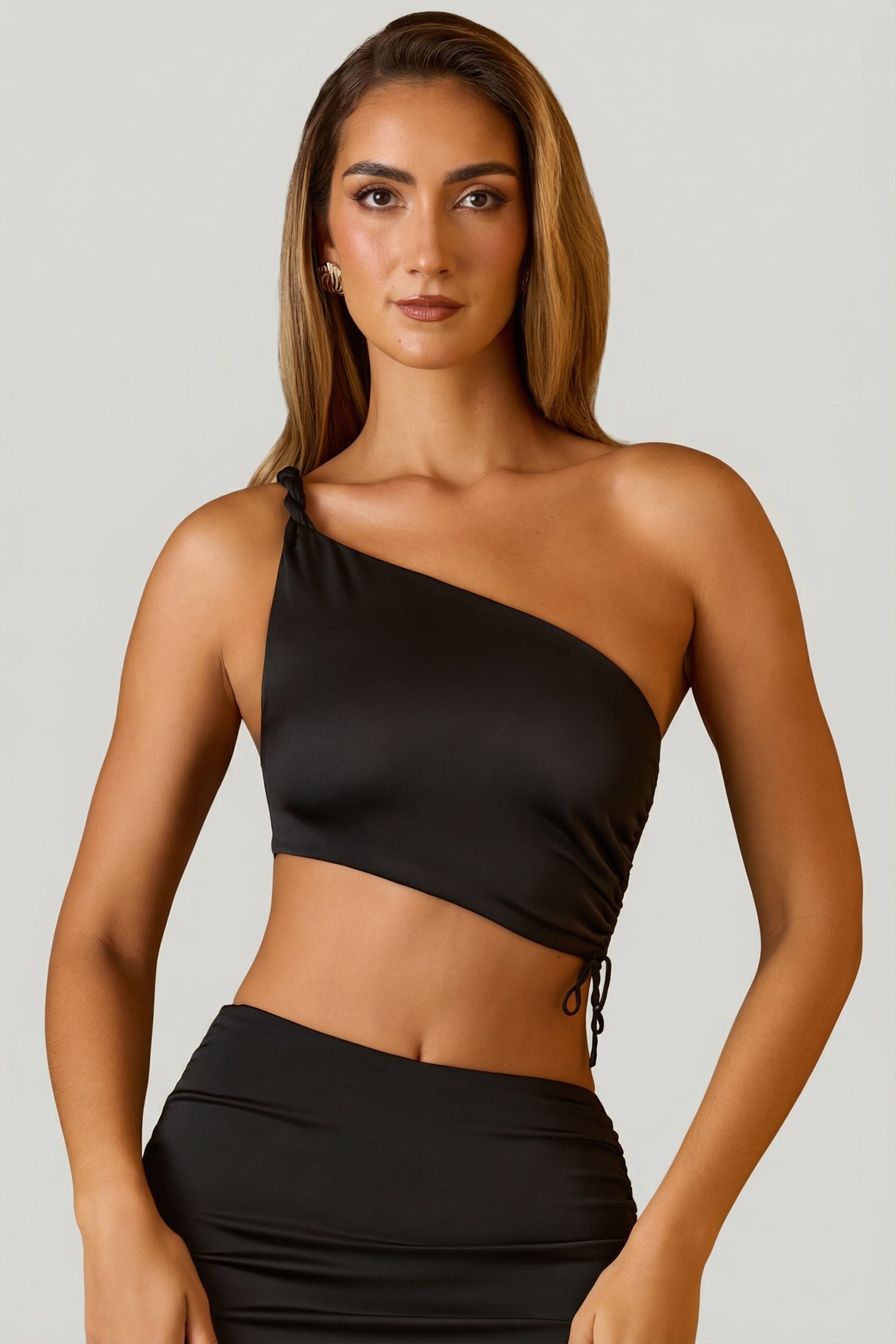 Ruched Asymmetric Crop Top in Black - 1