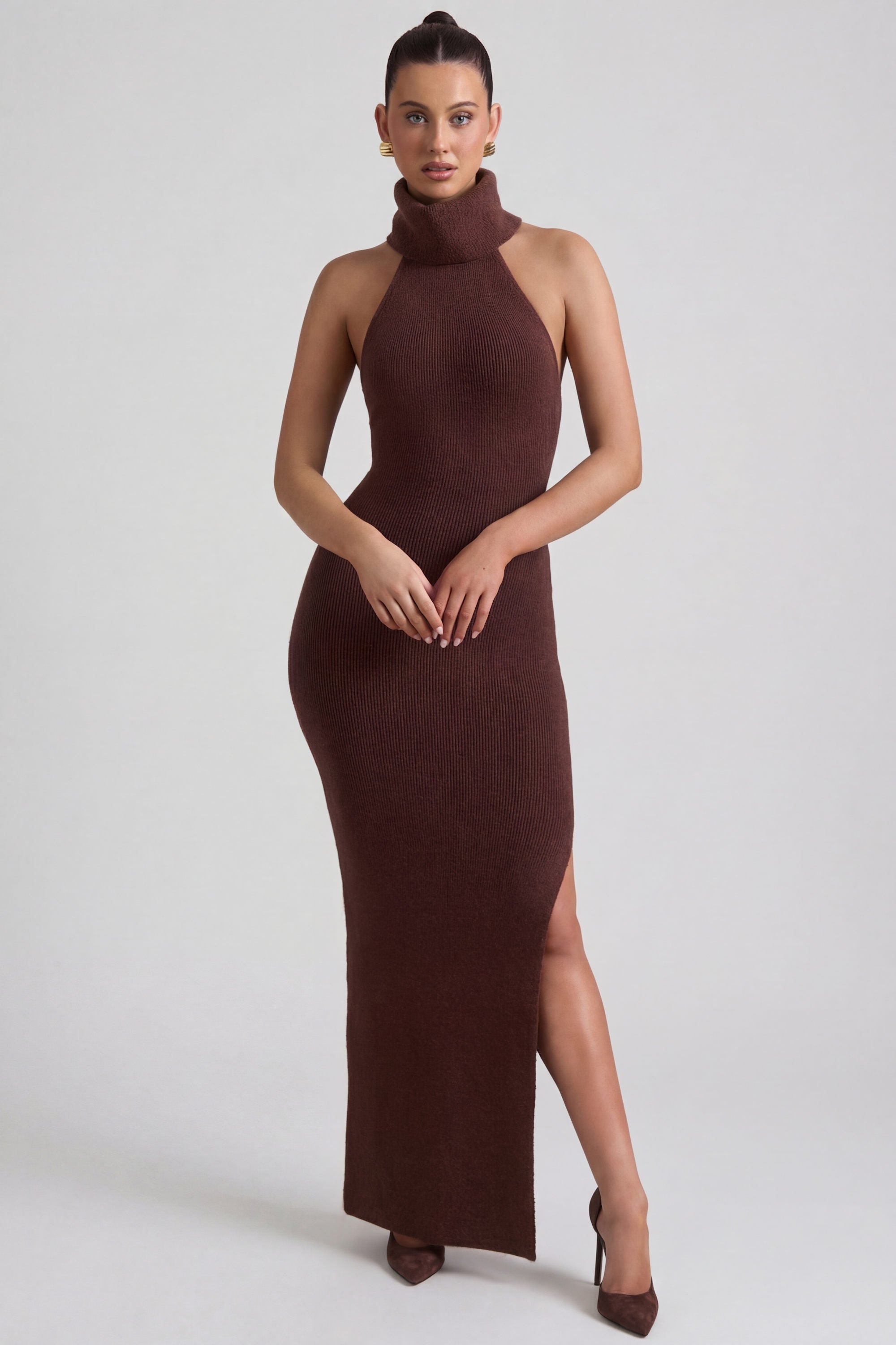 Ribbed-Knit Turtleneck Backless Maxi Dress in Espresso - 1