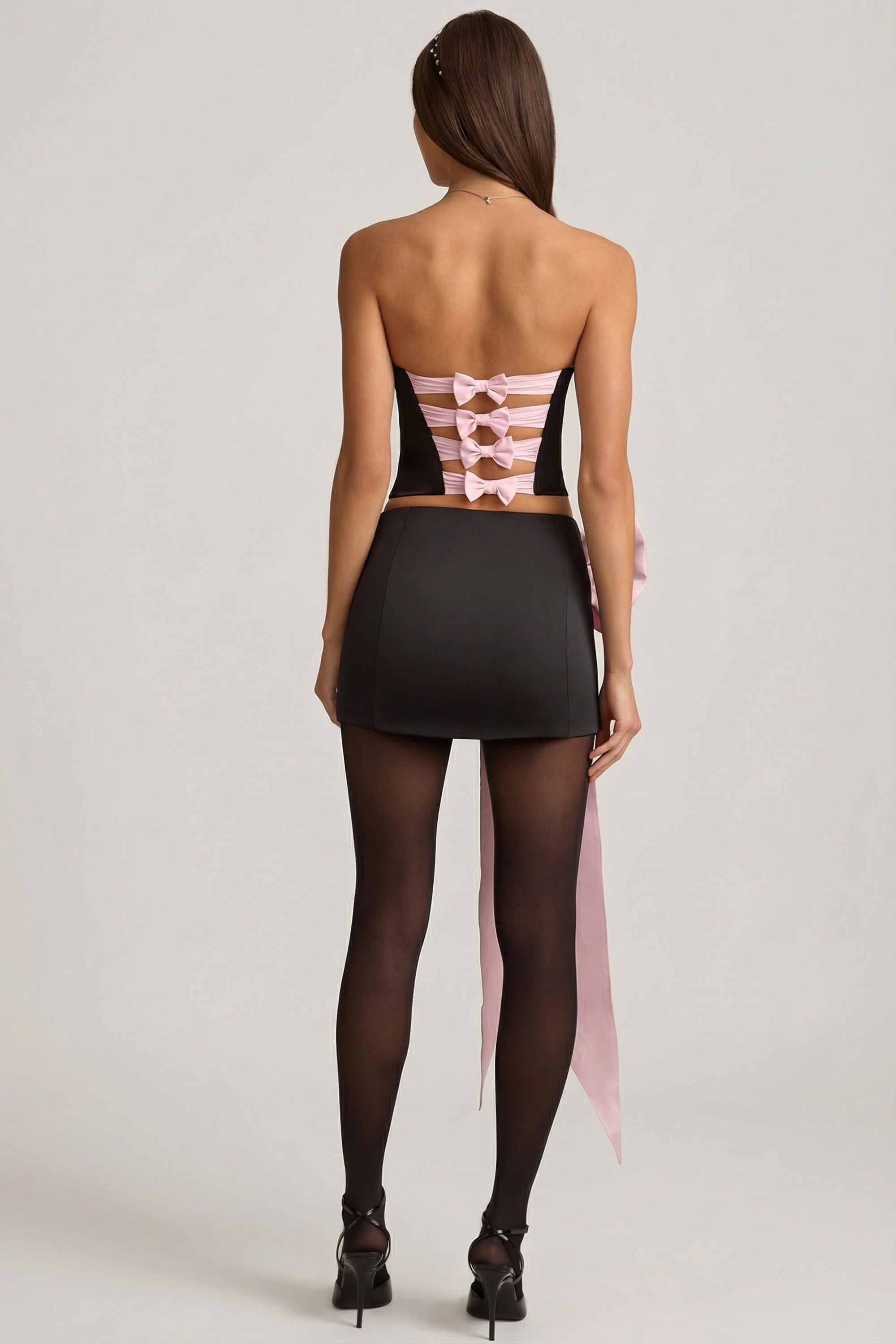 Satin Bow-Detail Low-Rise Mini Skirt in Black - 2