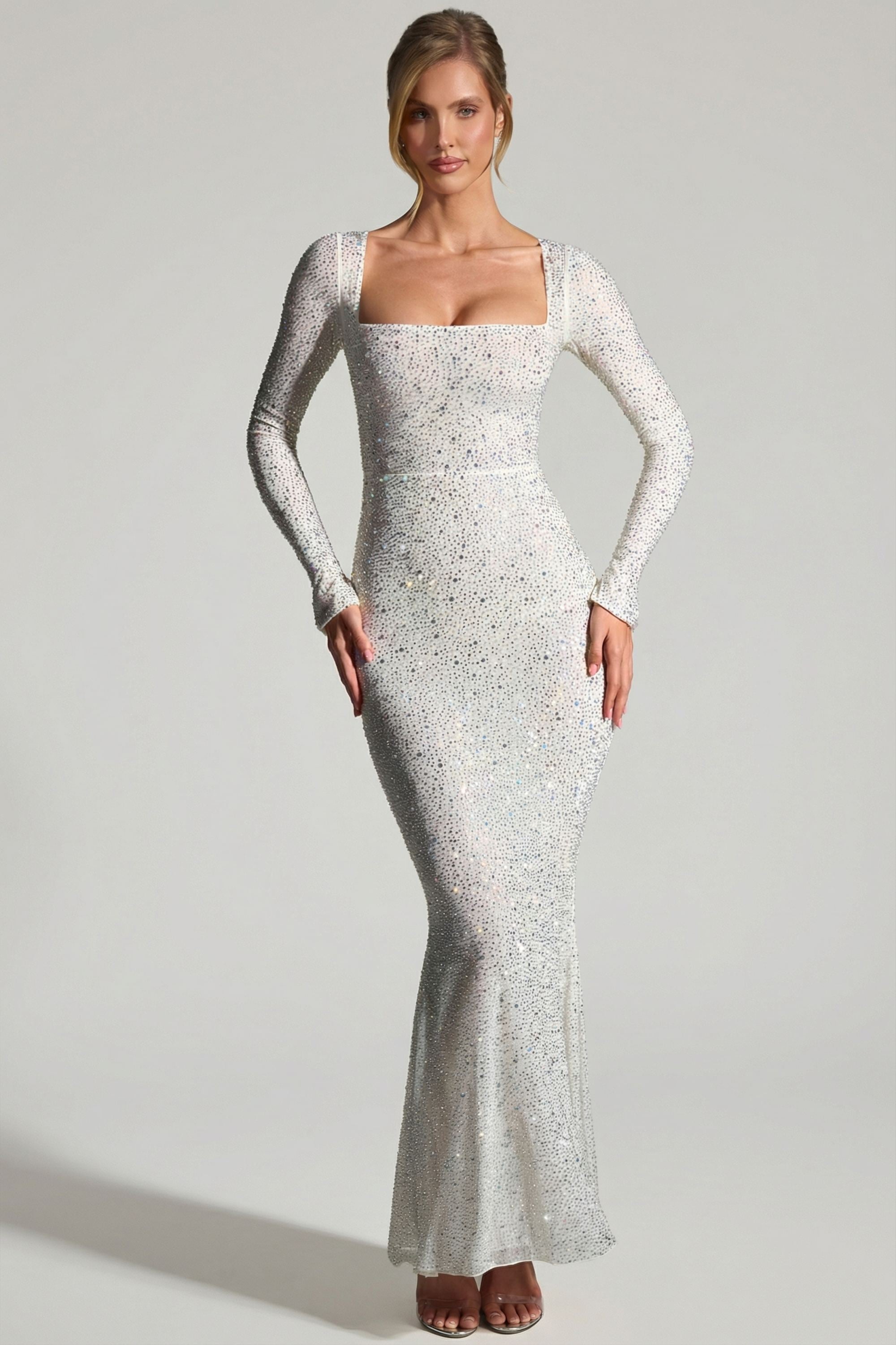 Embellished Long-Sleeve Fishtail Maxi Dress in White - 1