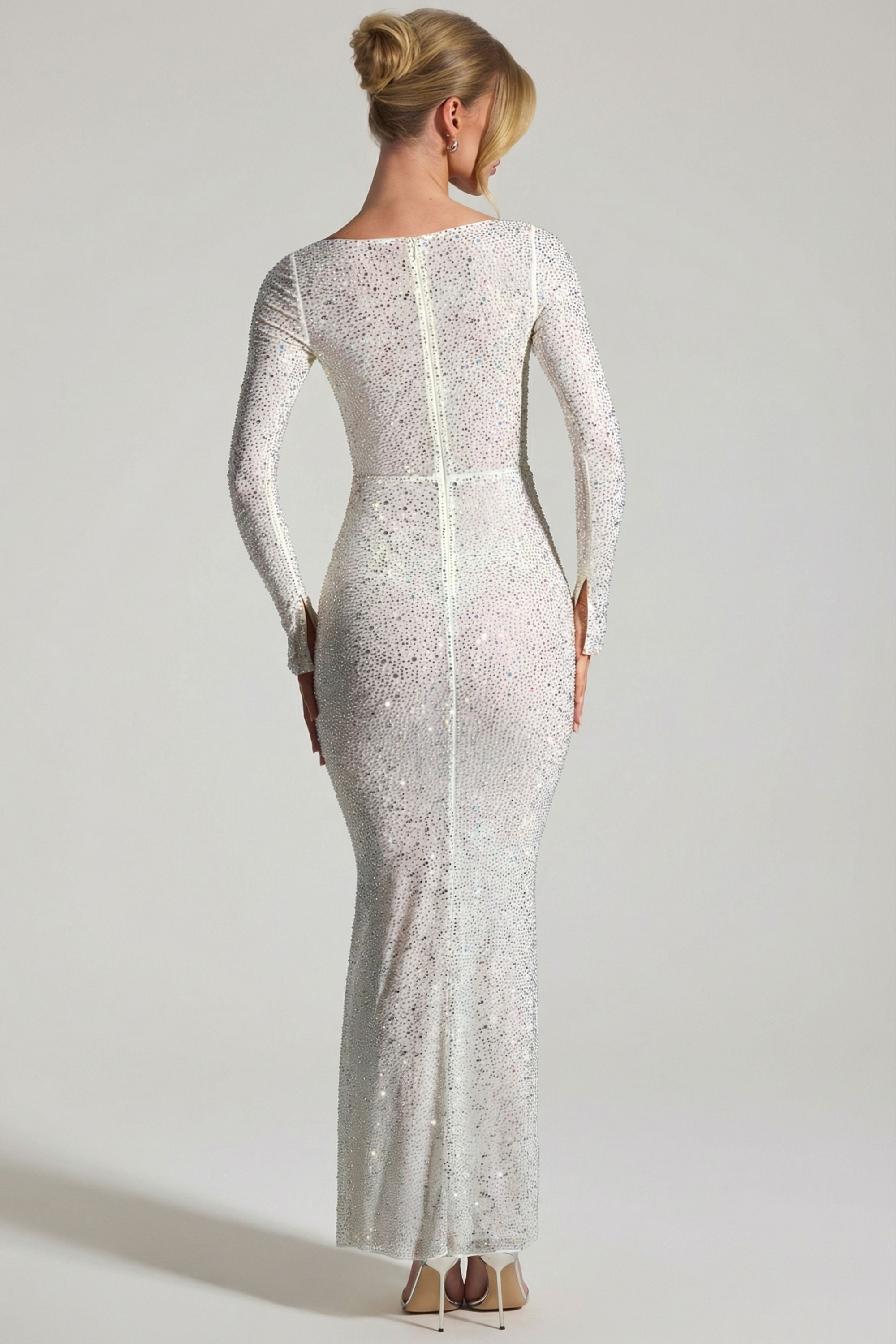 Embellished Long-Sleeve Fishtail Maxi Dress in White - 2