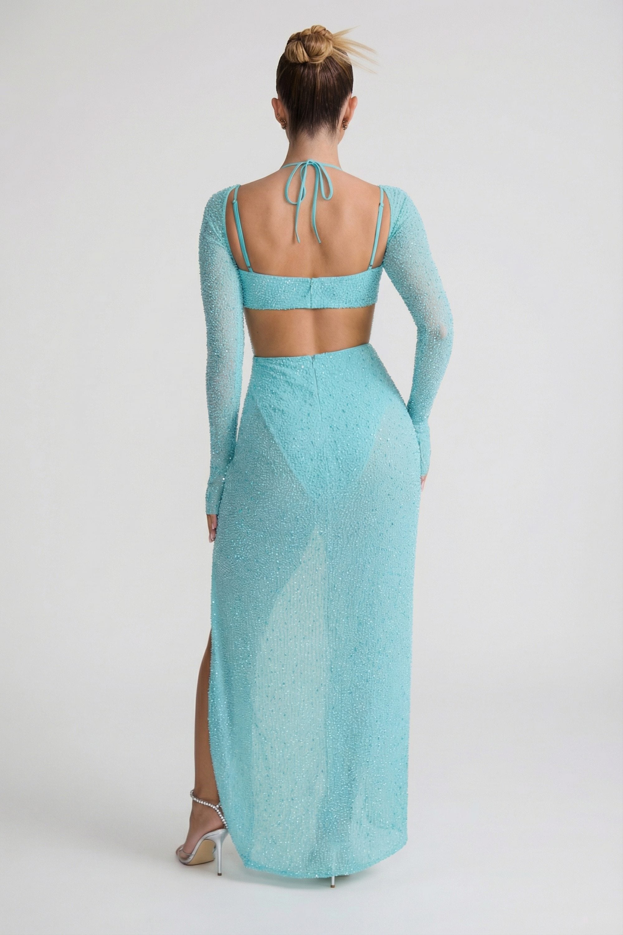 Embellished Cowl Neck Maxi Dress in Aqua - 2