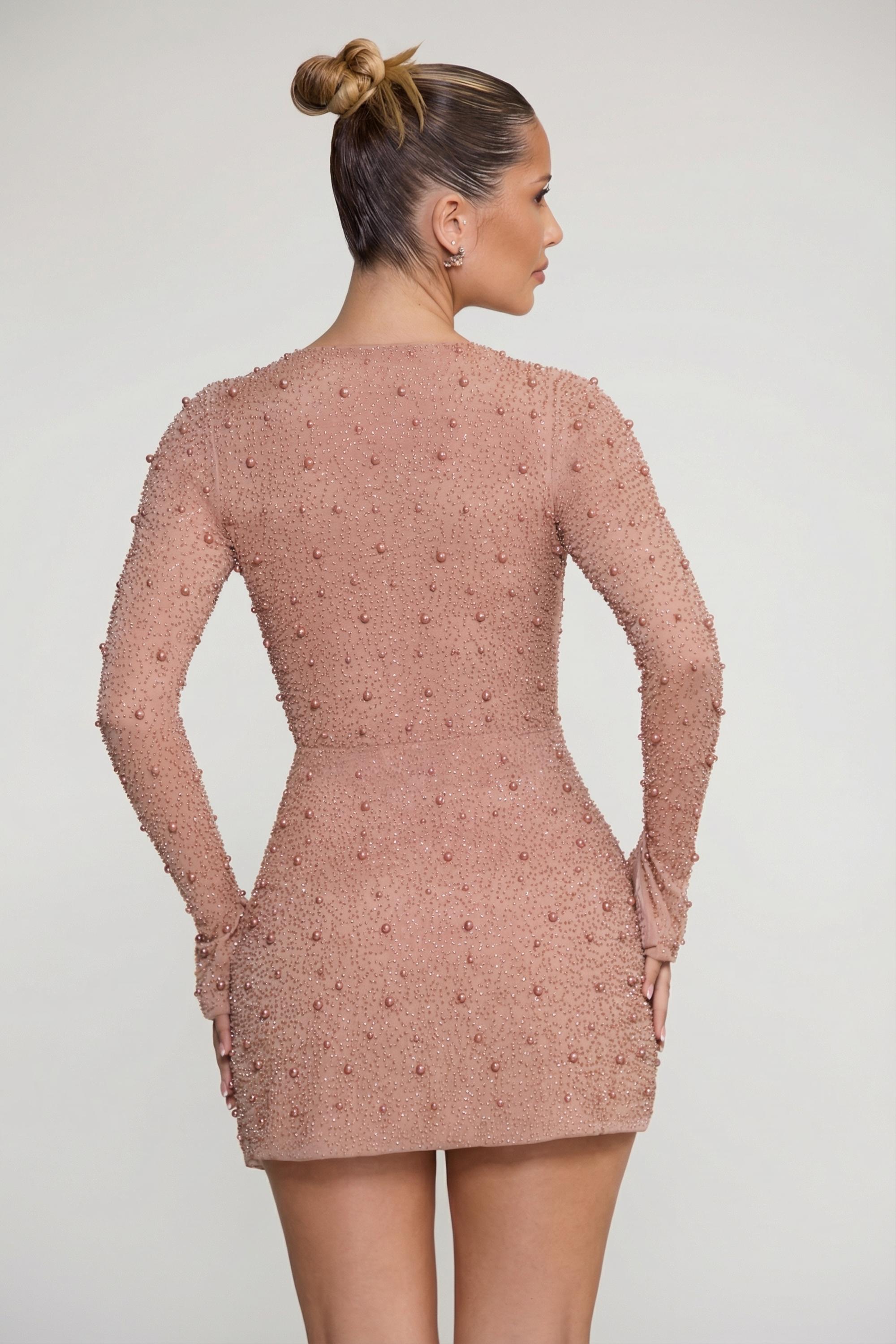Embellished Wrap Over A-Line Mini Dress in Beige - 2