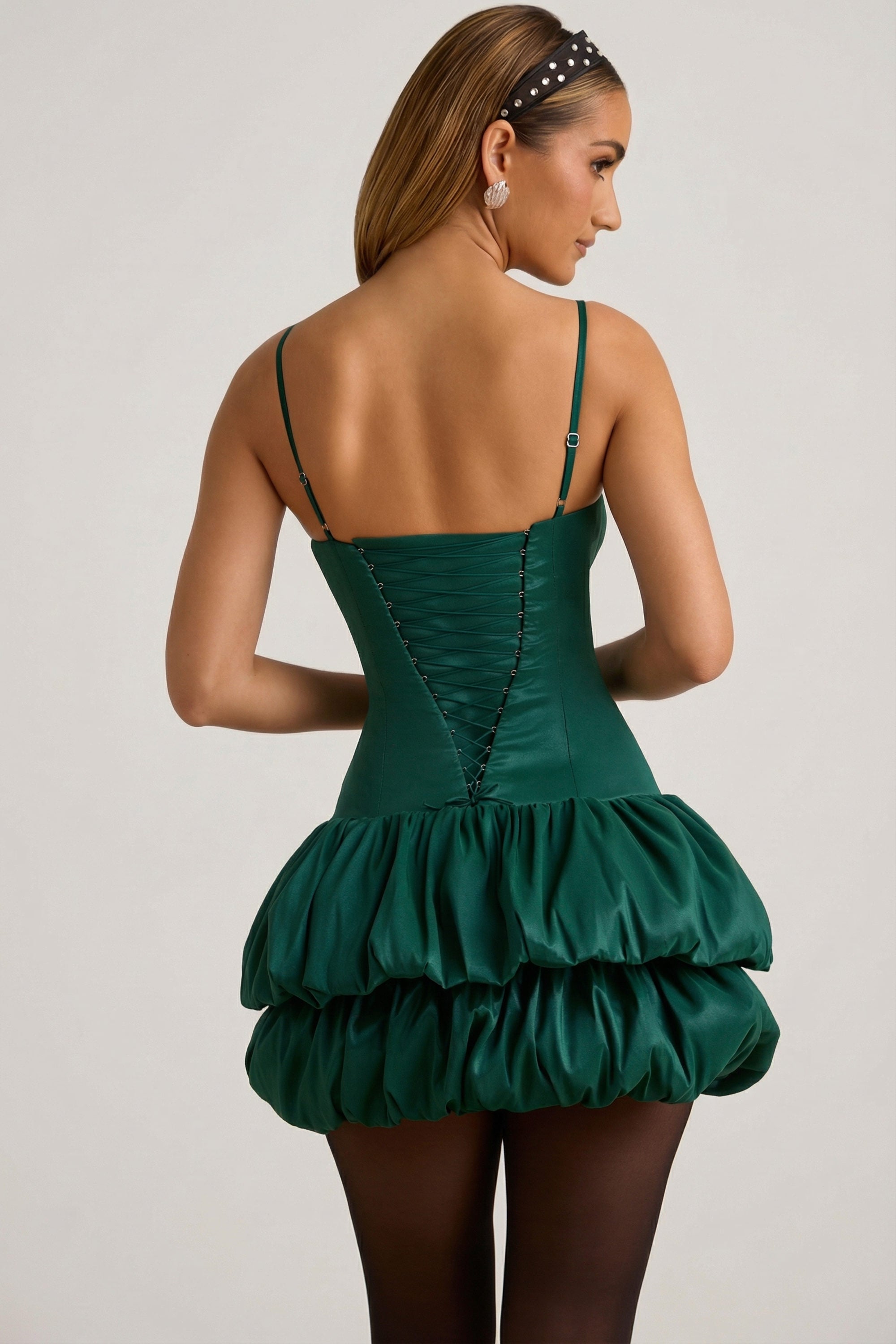Satin Bubble Hem Corset Mini Dress in Emerald Green - 2