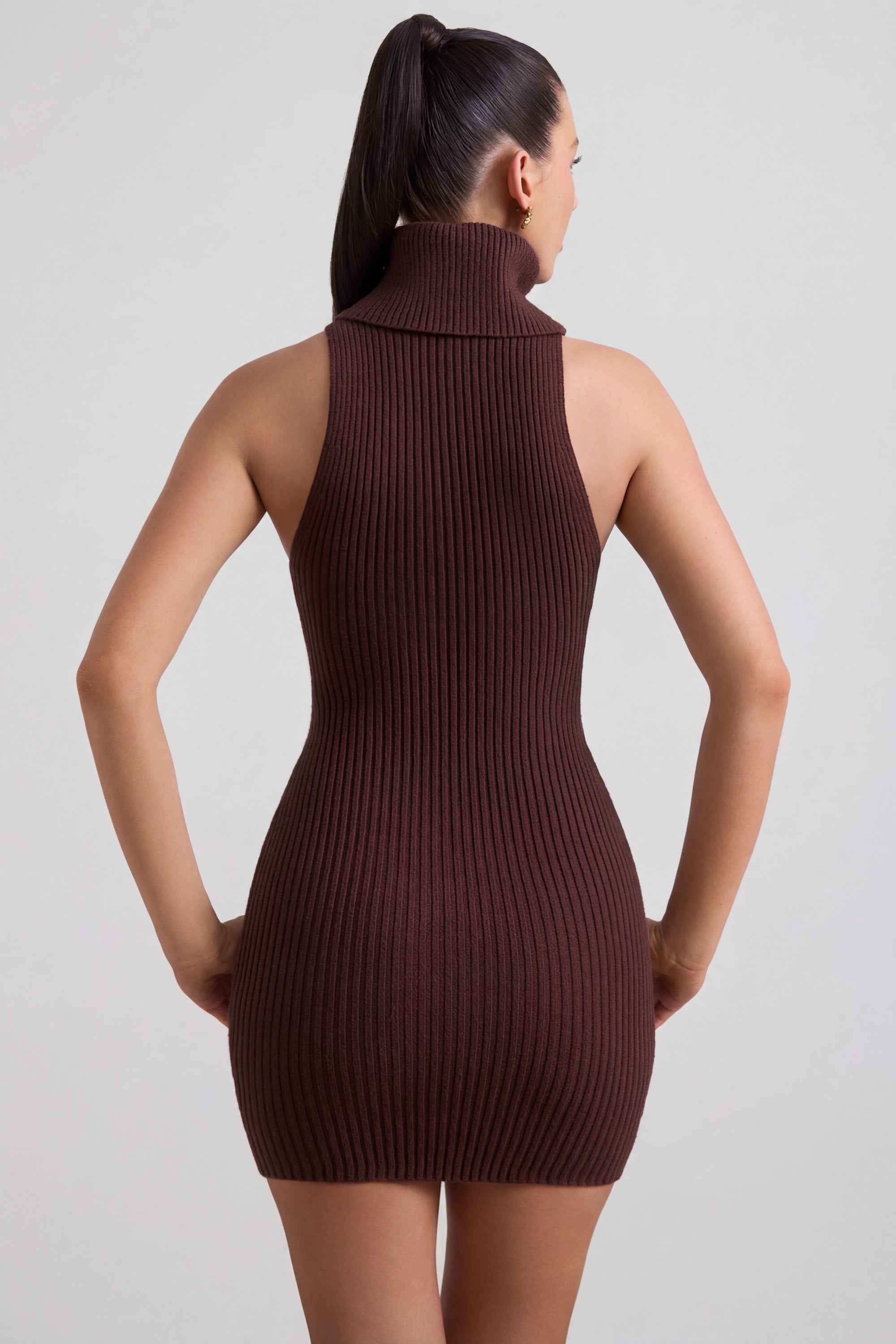 Ribbed-Knit Turtleneck Mini Dress in Espresso - 2