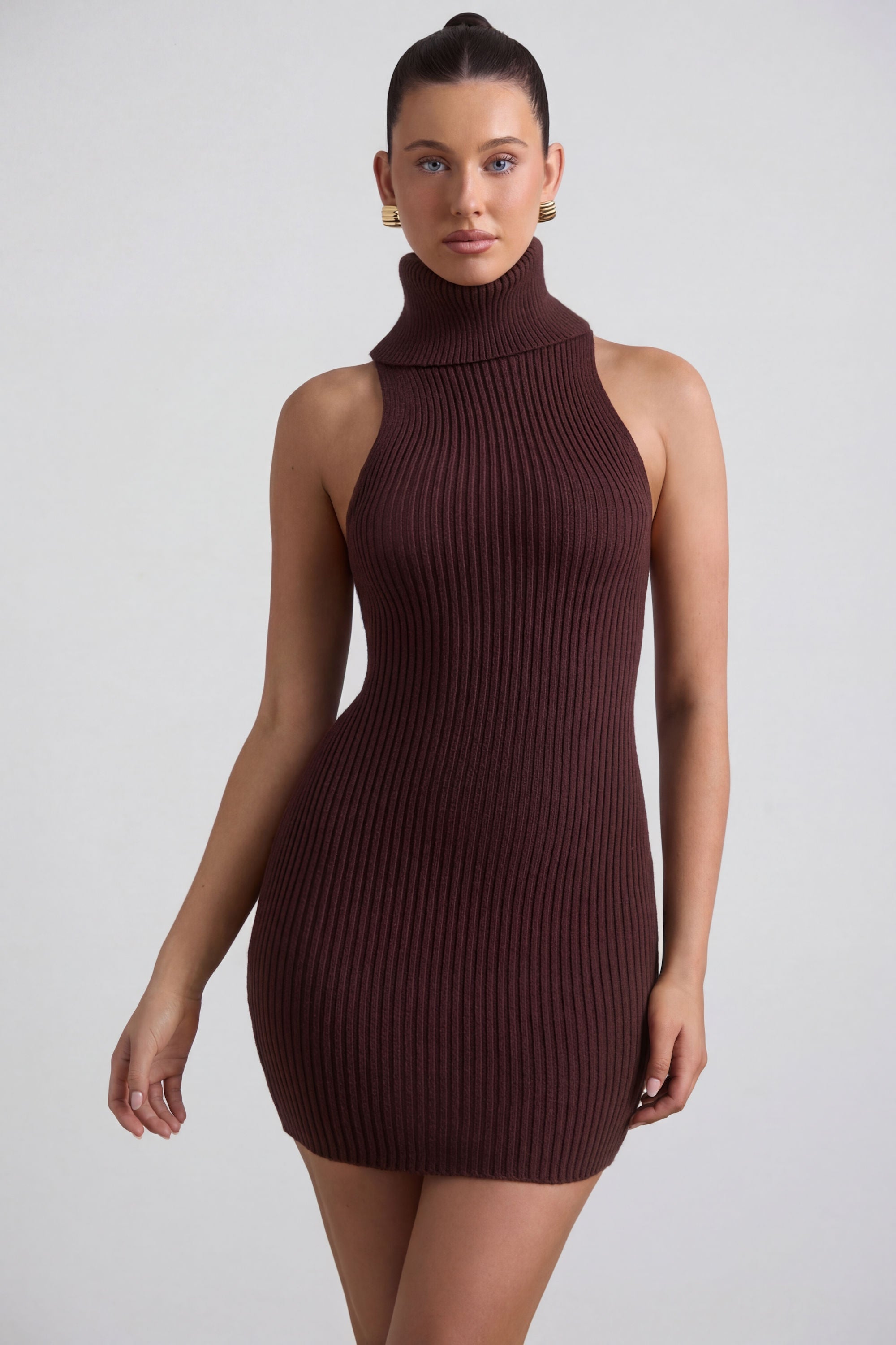 Ribbed-Knit Turtleneck Mini Dress in Espresso - 1
