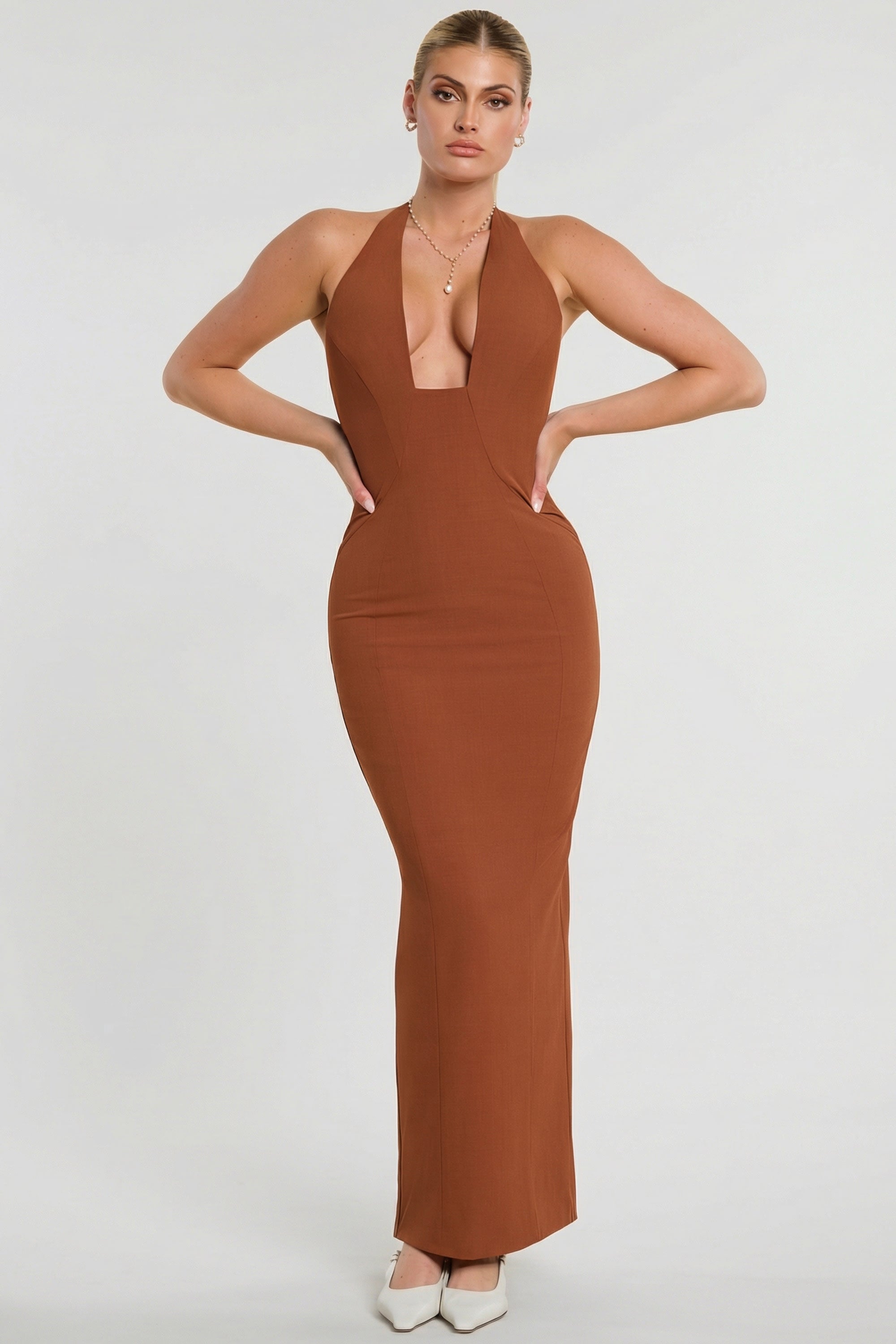 Woven Twill Halter Neck Plunge Maxi Dress in Chestnut Brown - 1