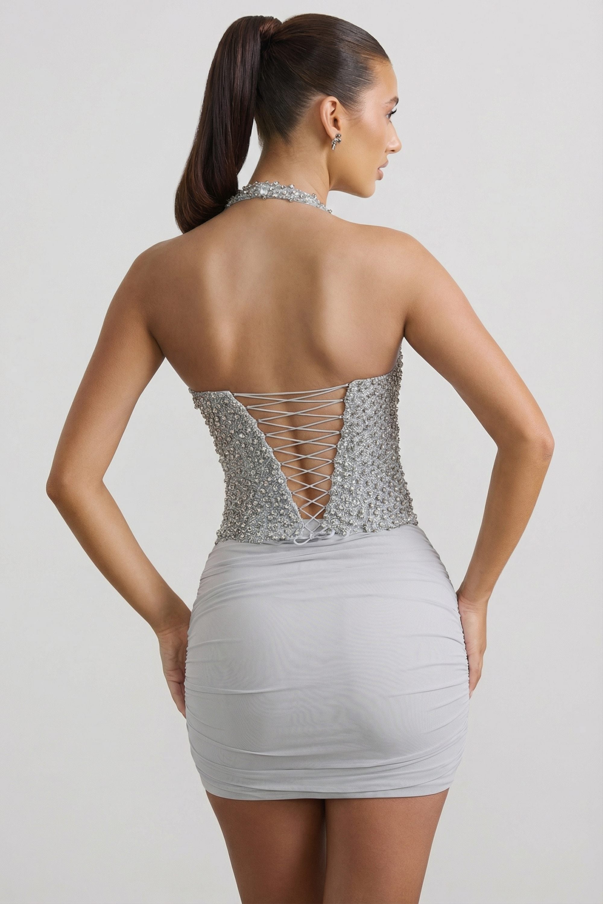 Ruched Mid-Rise Mini Skirt in Silver - 2