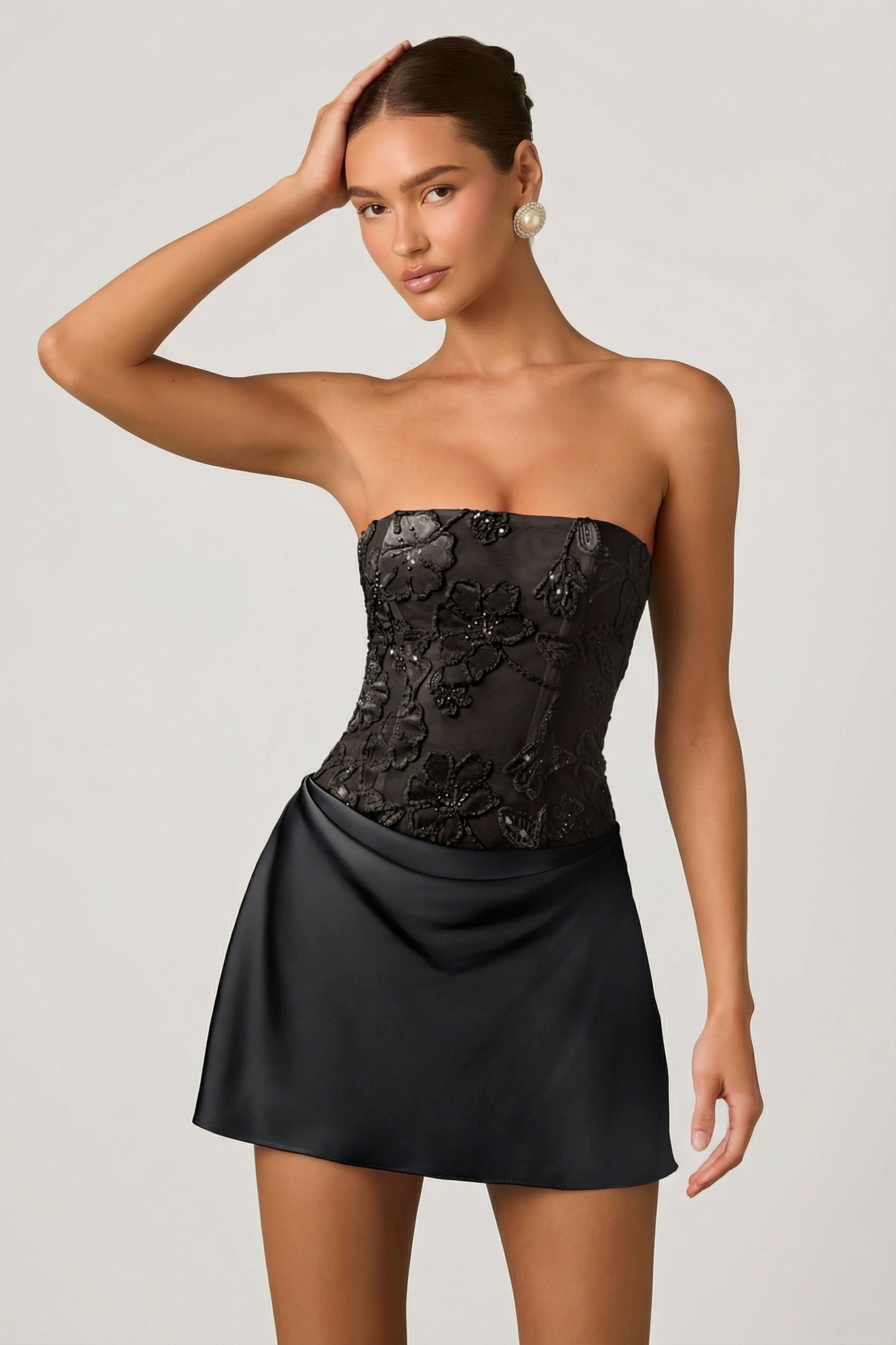 Embellished Draped Strapless A-Line Mini Dress in Black - 1
