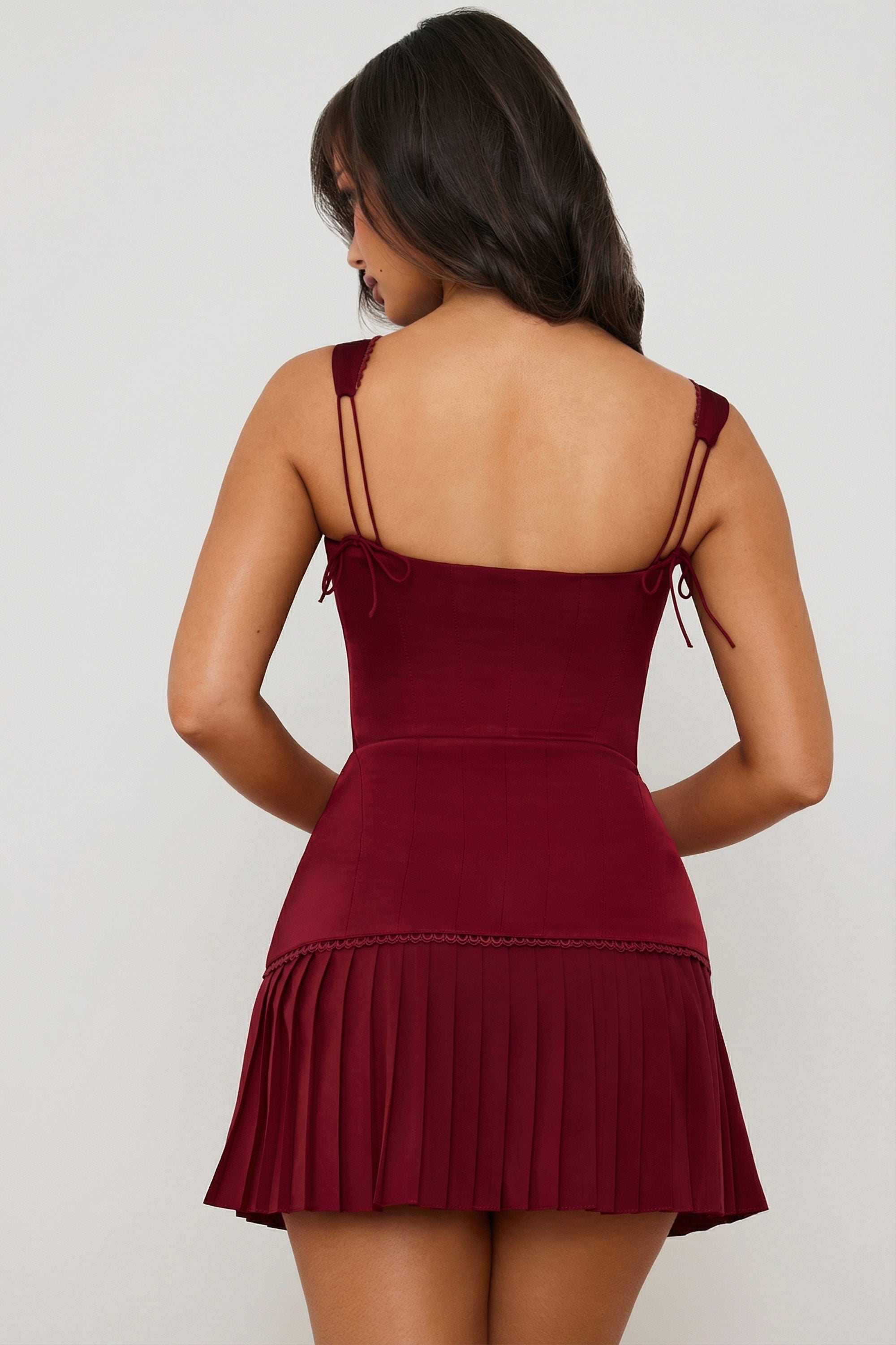 Bow-Detail Lace-Up Corset Mini Dress in Berry Red - 2