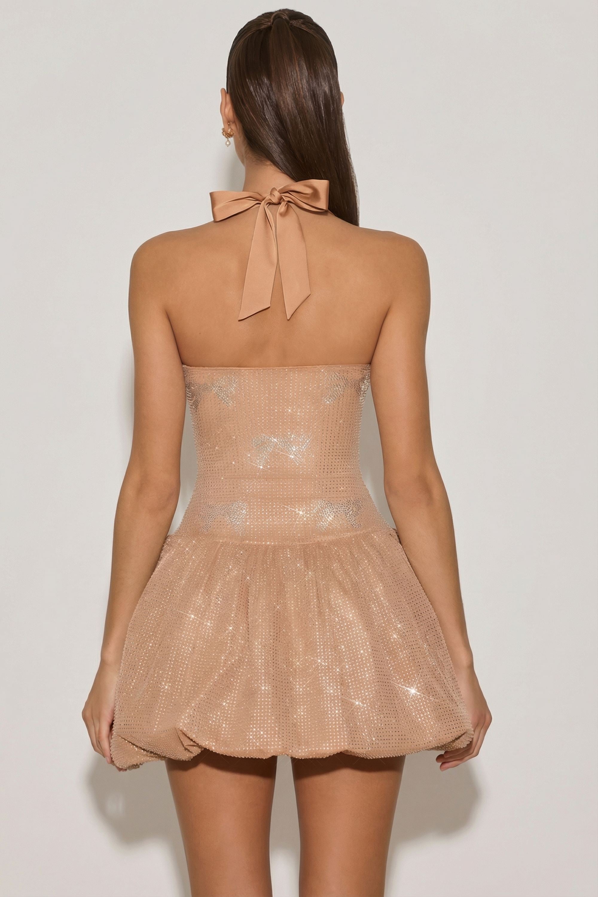 Embellished Halterneck Bubble Hem Mini Dress in Almond - 2